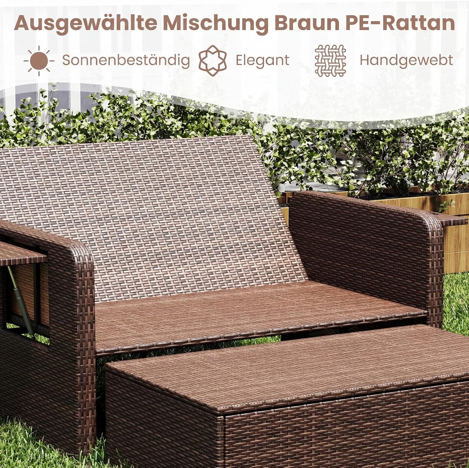 COSTWAY 3 in 1 Polyrattan Sonnenliege, Gartenliege mit Verstellbarer Rückenlehne & Seitenablagen, Loungebett, Doppelliege mit Kissen, Gartensofa mit Liegefunktion, Hocker & Stauraum (Grau)