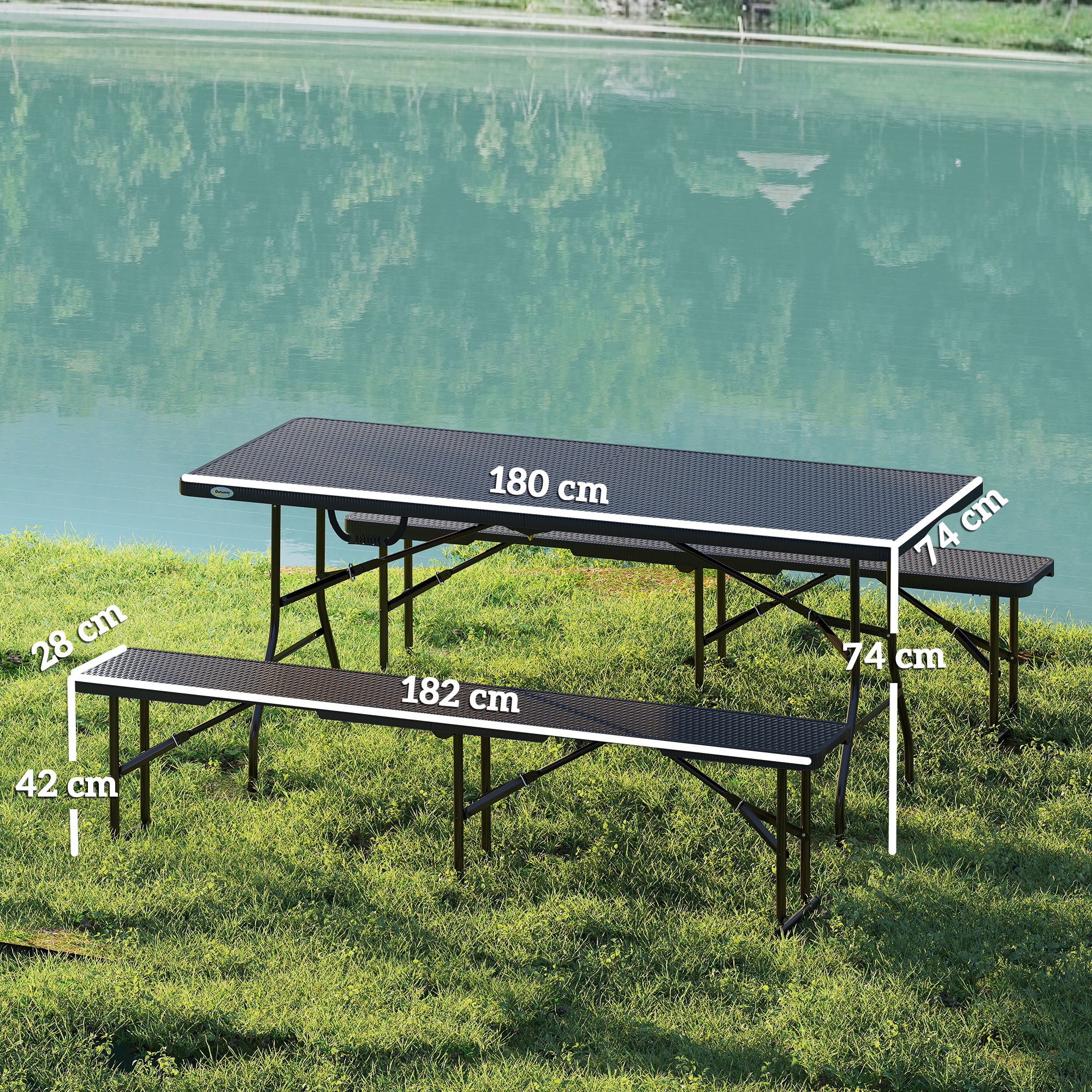 Outsunny Picknicktafel en Banken, 3-Delige Set, Opvouwbaar, Kunststof, Metaal, Zwart