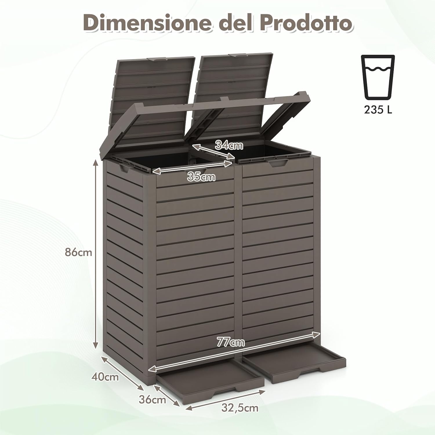 COSTWAY Pattumiera Differenziata da Esterno, Bidone Spazzatura Impermeabile con 1/2 Scomparti, Coperchio a Doppia Chiusura e Vassoio Estraibile e Maniglia (1, Marrone, 235 L)