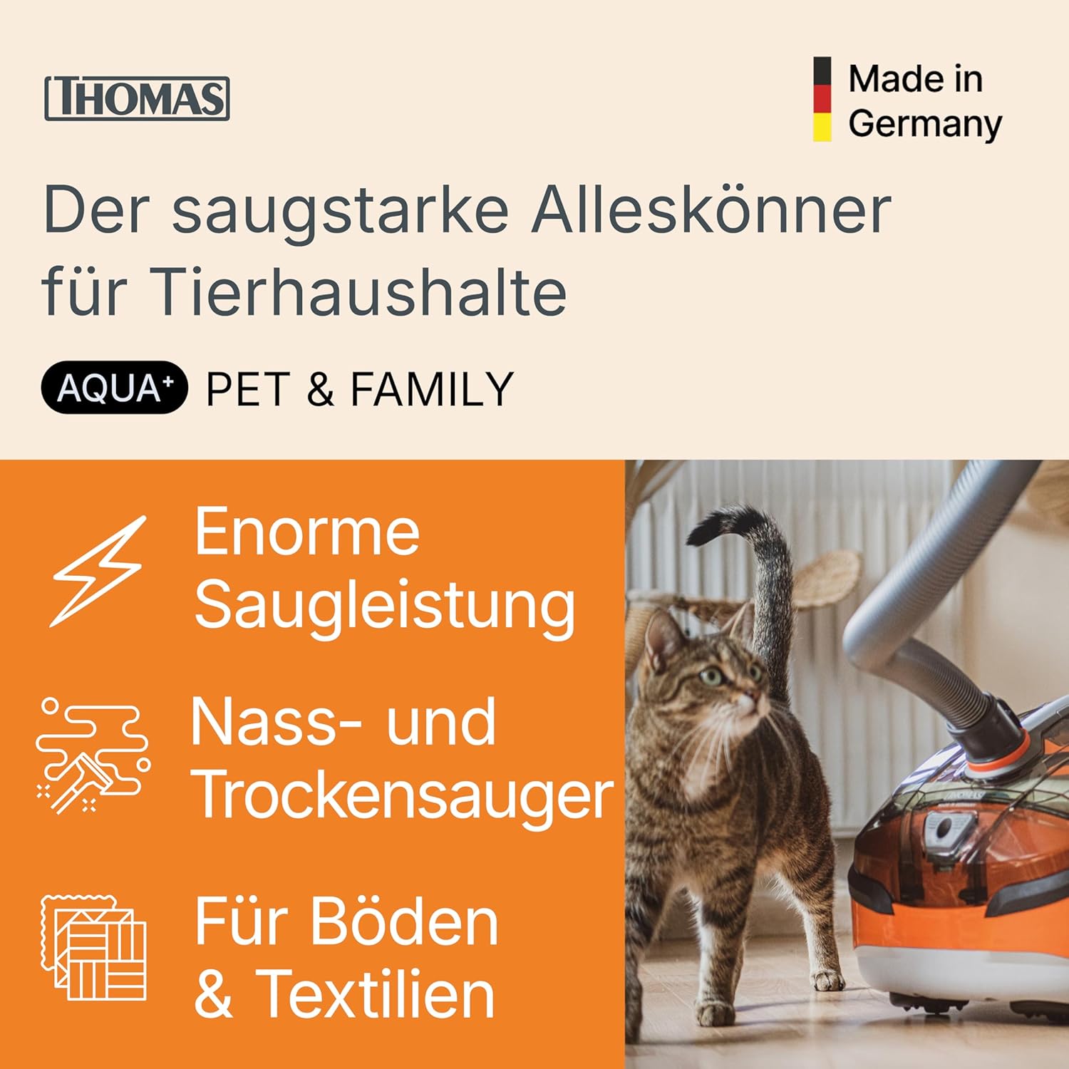 THOMAS Aqua+ PET & Family – 1700W starker Staubsauger für Tierhaare – Nasssauger & Trockensauger - Polsterreiniger & Staubsauger mit Wischfunktion für Teppich, Sofa, Polster & Matratze