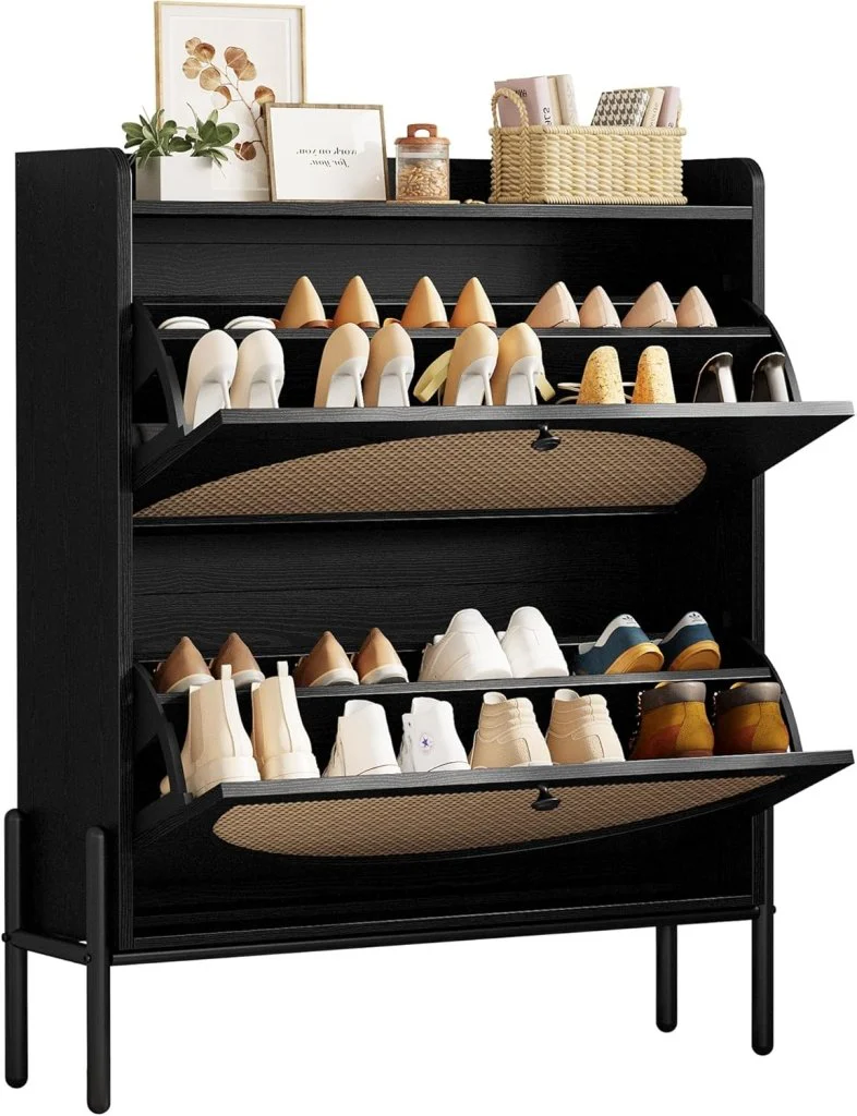 IRONCK Shoe Cabinet Storage with 2 Flip Drawers, Free Standing Wooden Shoe Storage Organizer Cabinet with Rattan Doors for Entryway, Narrow Shoe Rack Cabinet, Oak
