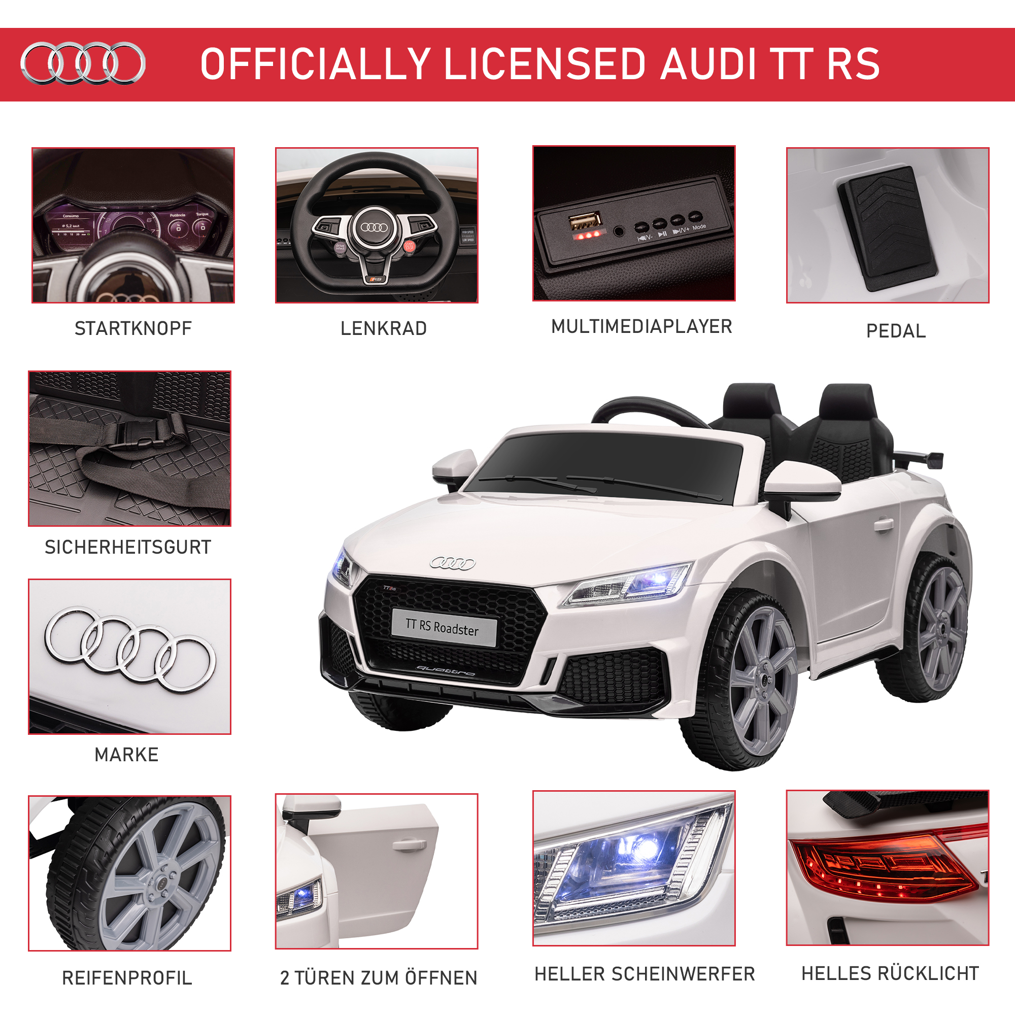 Kinder-Elektroauto Audi TT RS Roadster, 3 km/u, Afstandsbediening, LED, USB, Wit