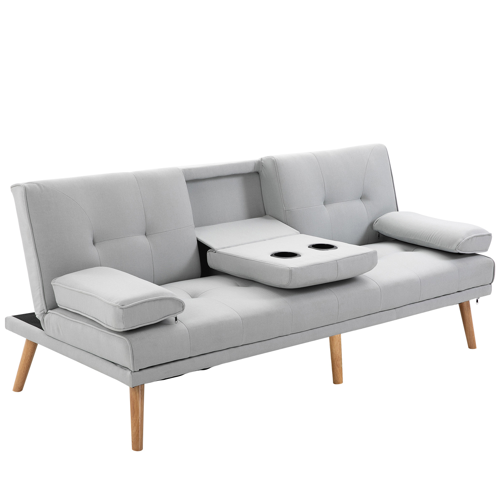 HOMCOM Schlafsofa, 3-Sitzer-Sofa, Bettsofa mit Klappbarem Tisch, Stoffsofa mit Leinenoptik, Schlafcouch mit Becherhalter, im Skandi-Design, bis 250 kg Belastbar, Hellgrau