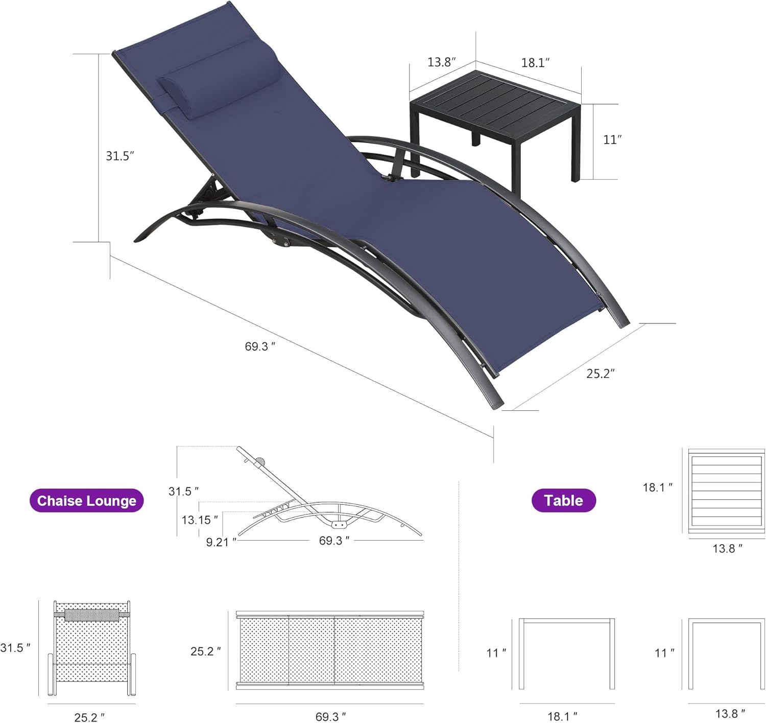 PURPLE LEAF Patio Chaise Lounge Set Outdoor Beach Pool Sunbathing Lawn Lounger Recliner Outside Tanning Chairs with Arm for All Weather Side Table Included Navy Blue