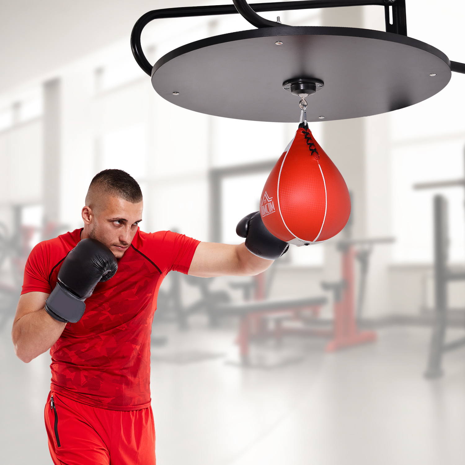 HOMCOM Punching Ball Speedball Boxen mit drehbarer Plattform + Luftpumpe Höhenverstellbar Stahl synthetische Beschichtung Rot Schwarz
