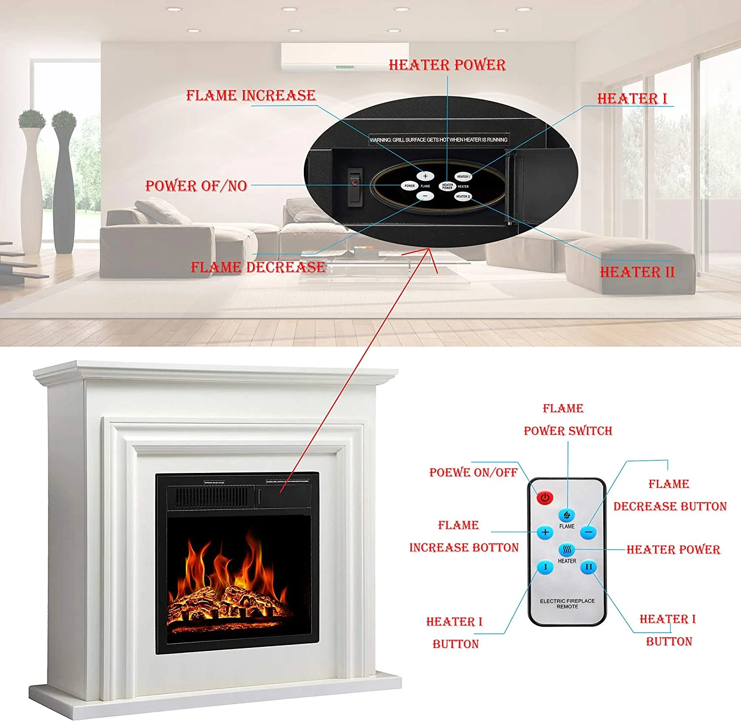 R.W.FLAME 36'' Electric Fireplace with Mantel Package,750 1500W