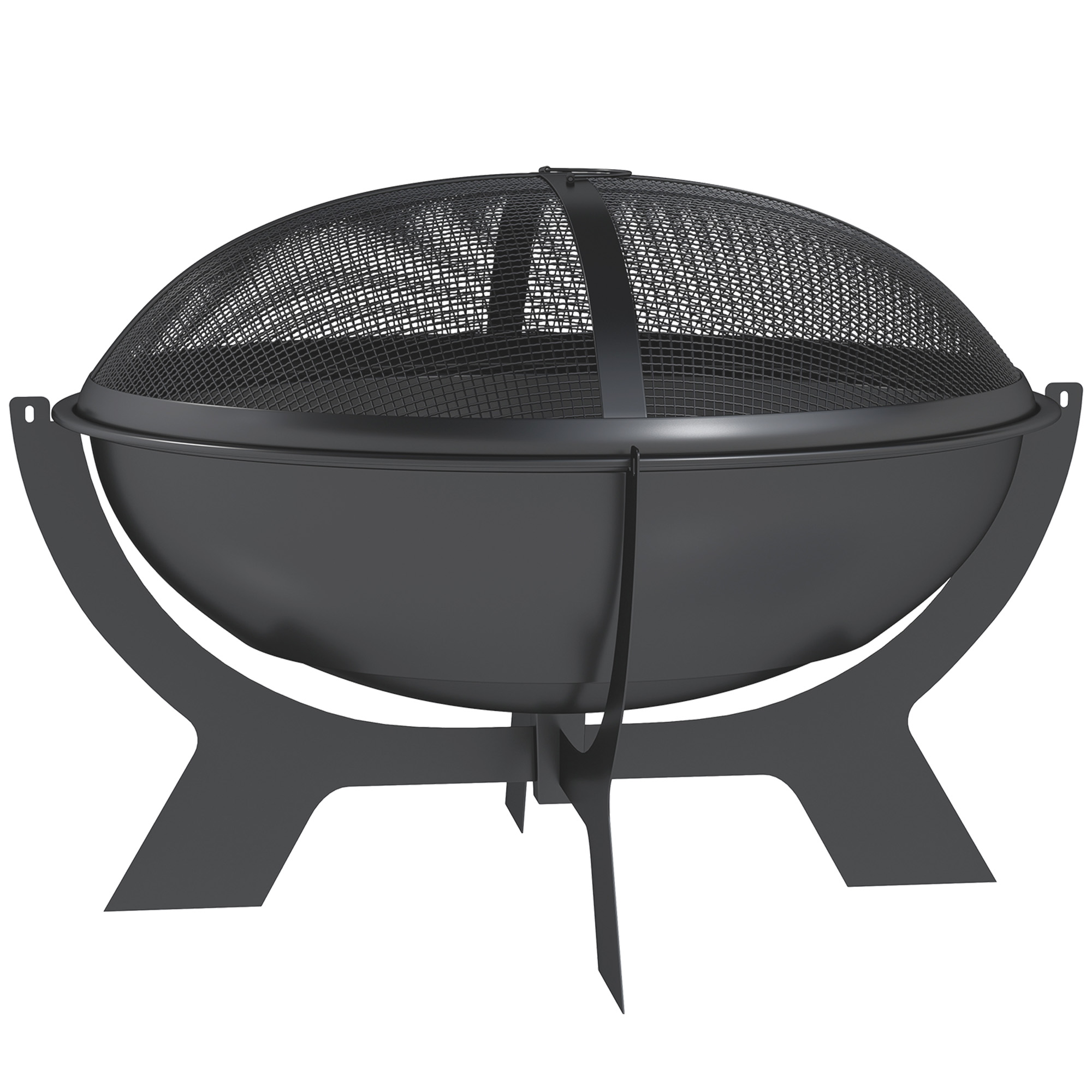 Outsunny Feuerschale Ø54x39cm aus Metall Rund Feuerstelle mit Funkenschutz Schürhaken Feuerkorb für Garten, Balkon Schwarz