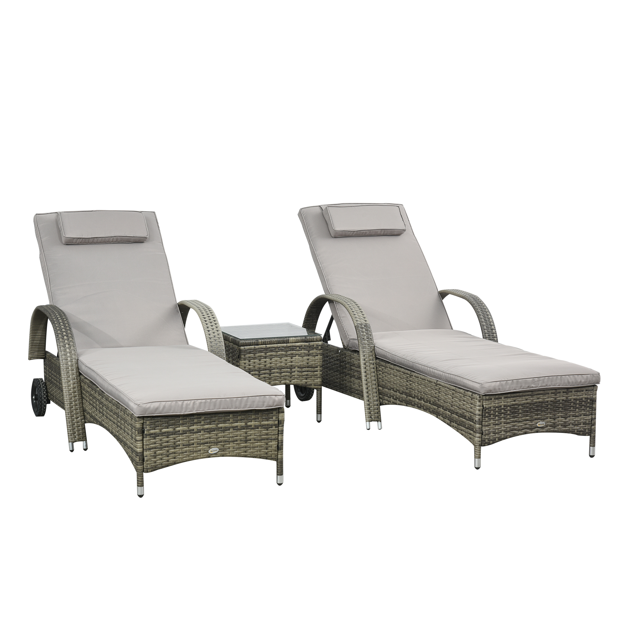 Outsunny Set mit 2 hochkomfortablen Sonnenliegen: Matratze, Kopfstütze, verstellbare Multi-Positionen, Armlehnen, Rollen + Couchtisch aus gehärtetem Glas Rattanharzgeflecht grau