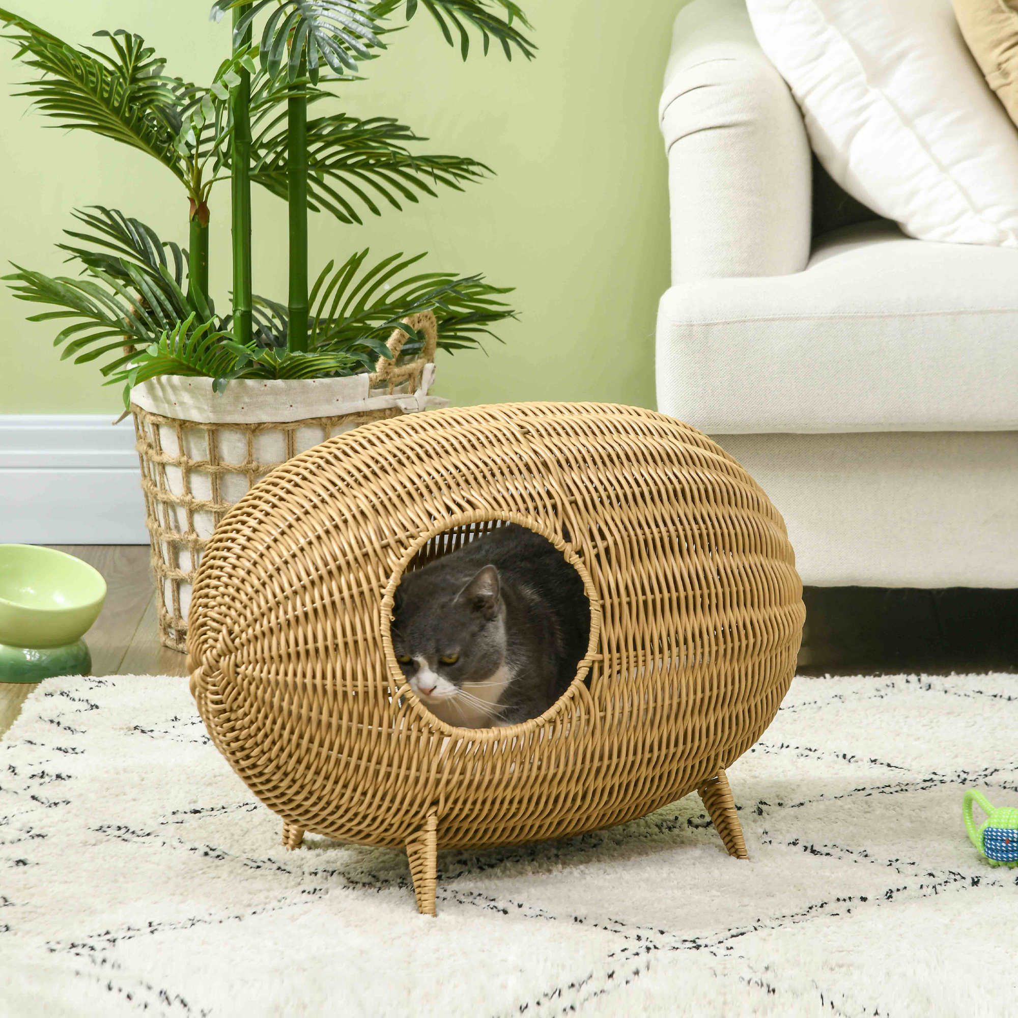 PawHut Erhöhtes Katzenbett mit kuscheligem Korb und Walnusshaus Katzenhöhle mit großem Komfort Abmessungen 55L x 36B x 42H cm Kissen inklusive
