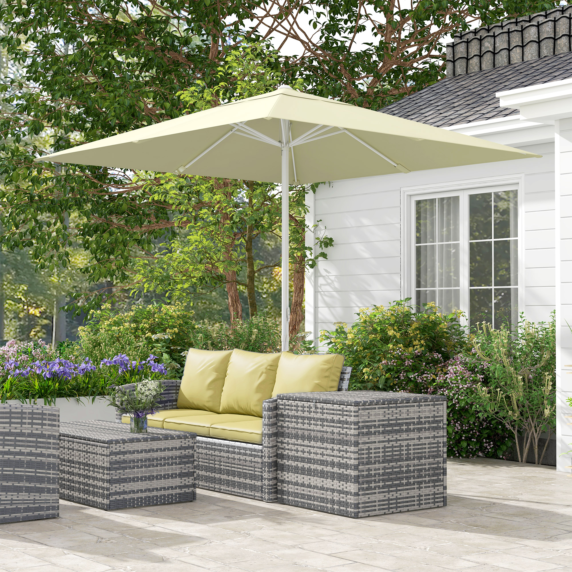 Outsunny Quadratischer Gartenschirm im Freien 2,48 x 2,48 x 2,50 m, 2 verstellbare Höhen, 180 g/m² hochdichte Stoff, Beige
