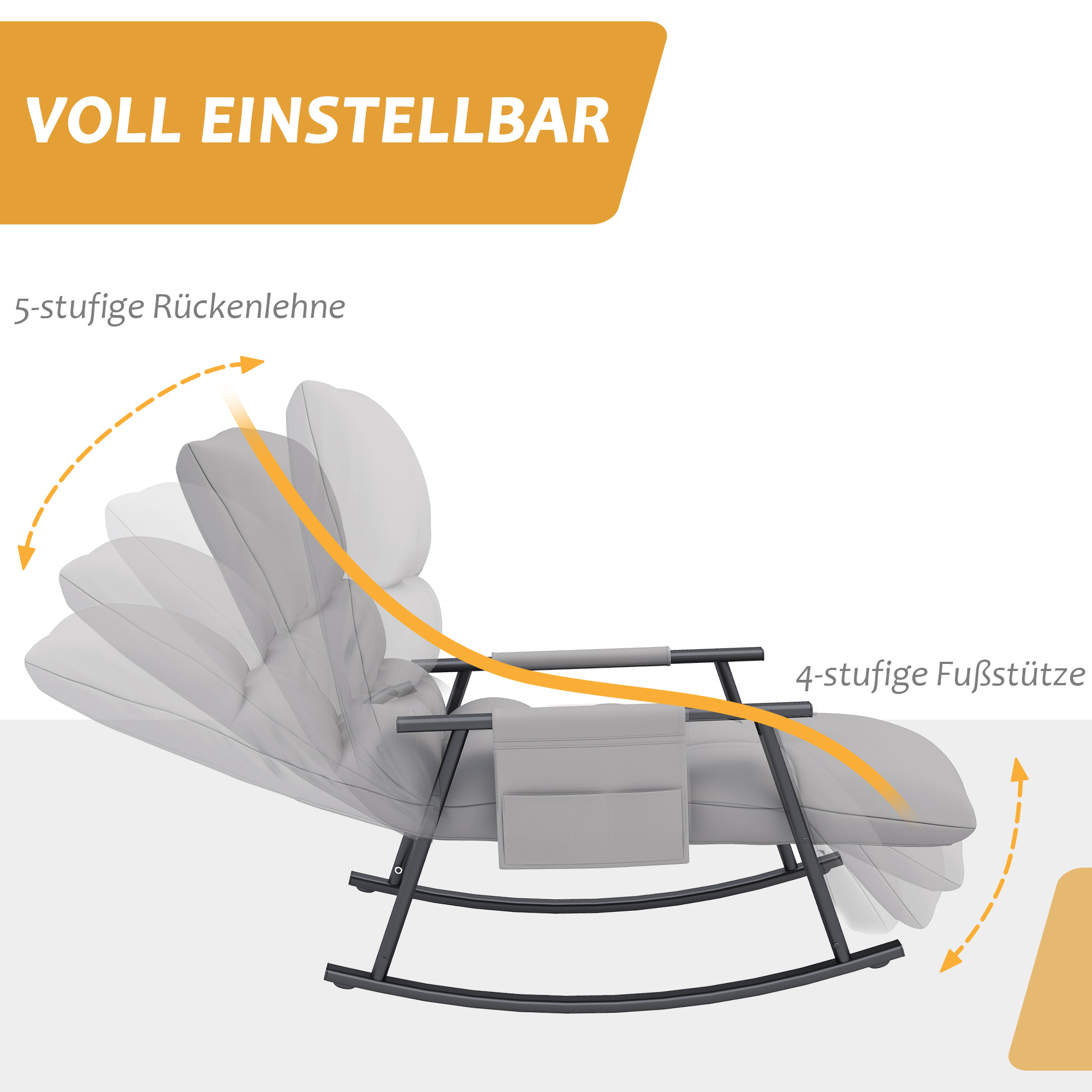 Schommelstoel, verstelbare rugleuning & voetensteun, zijvak, Microvezelhoes, Metalen frame, Grijs