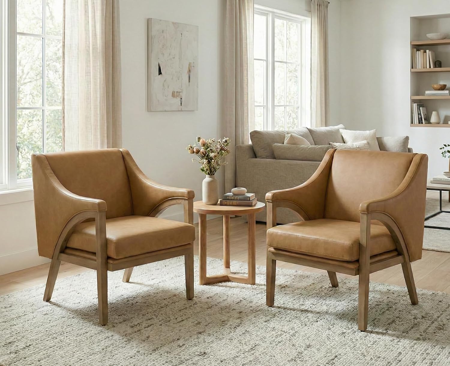 Mid Century Modern Accent Chairs Set of 2 with Barrel Back, Upholstered Armchair Comfy Reading Chairs with 4