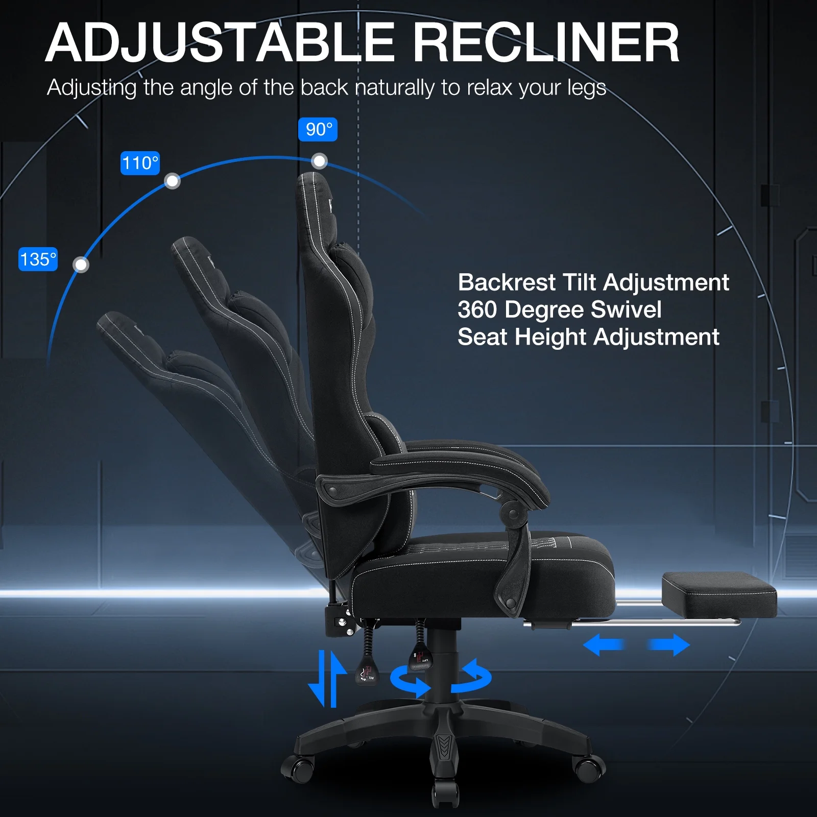 Hoffree Gaming Chair with Massage Fabric Office Chair with footrest for Adults, Ergonomic Gamer Chair with Headrest and Lumbar Support for Office Gaming, 440 LBS