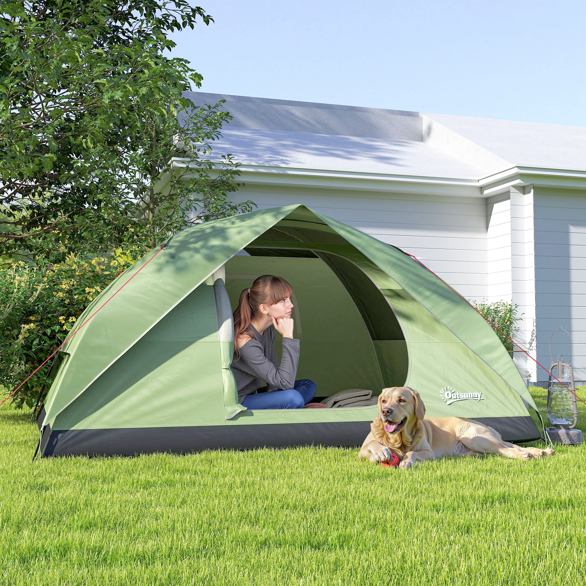 Outsunny Campingzelt für 3 Personen Wasserdicht mit Taschen, Lampenhaken und Tragetasche, Grün