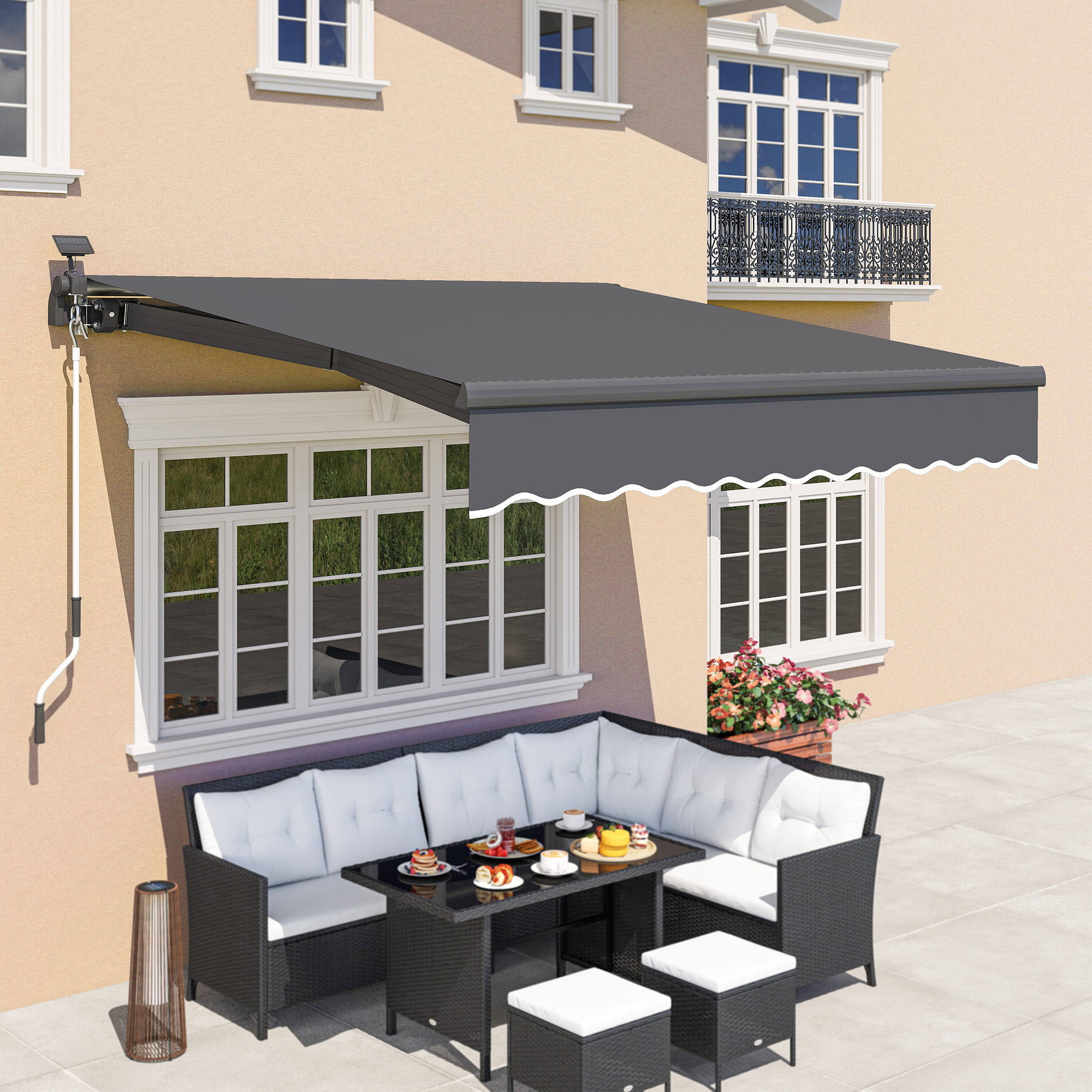 Outsunny Klemmmarkise mit Handkurbel Solar-Lichte Gelenkarmmarkise Markise Sonnenschutz UV 50+ 300 cm breit Grau