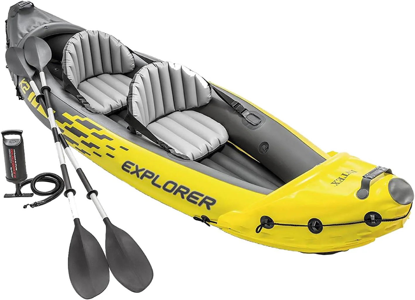 Explorer K2 Inflatable Kayak Set: Includes luxurious 86-inch aluminum paddle and high-output pump - extremely durable PVC material - adjustable seat with backrest - suitable for two people - maximum weight capacity 400 pounds