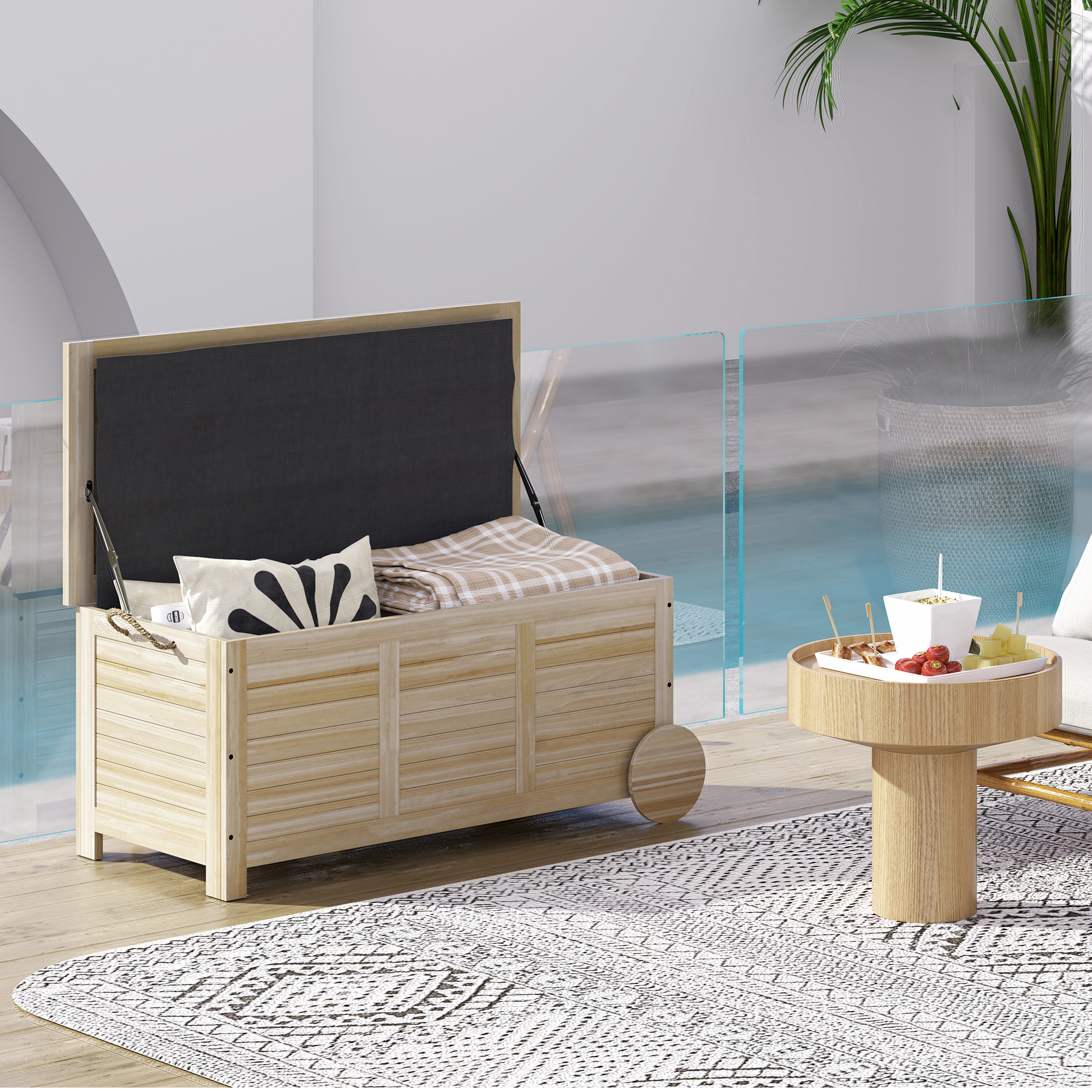 Outsunny 185 L Außenlagerbox, Lagerkiste mit Rädern, wetterbeständig, Tannenholz, 110 x 50 x 50 cm, Hellbraun