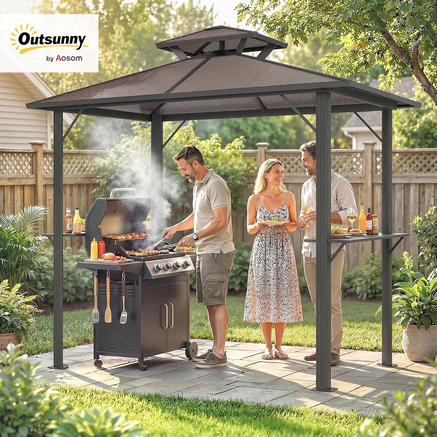 Outsunny Grillpavillon 2,5 x 1,5 m, Wasserdicht Grillüberdachung mit Doppeldach aus Polycarbonat Seitenregalen Aluminiumrahmen UV-Beständige Grill Pavillon Grillzelt für BBQ Garten Party Braun