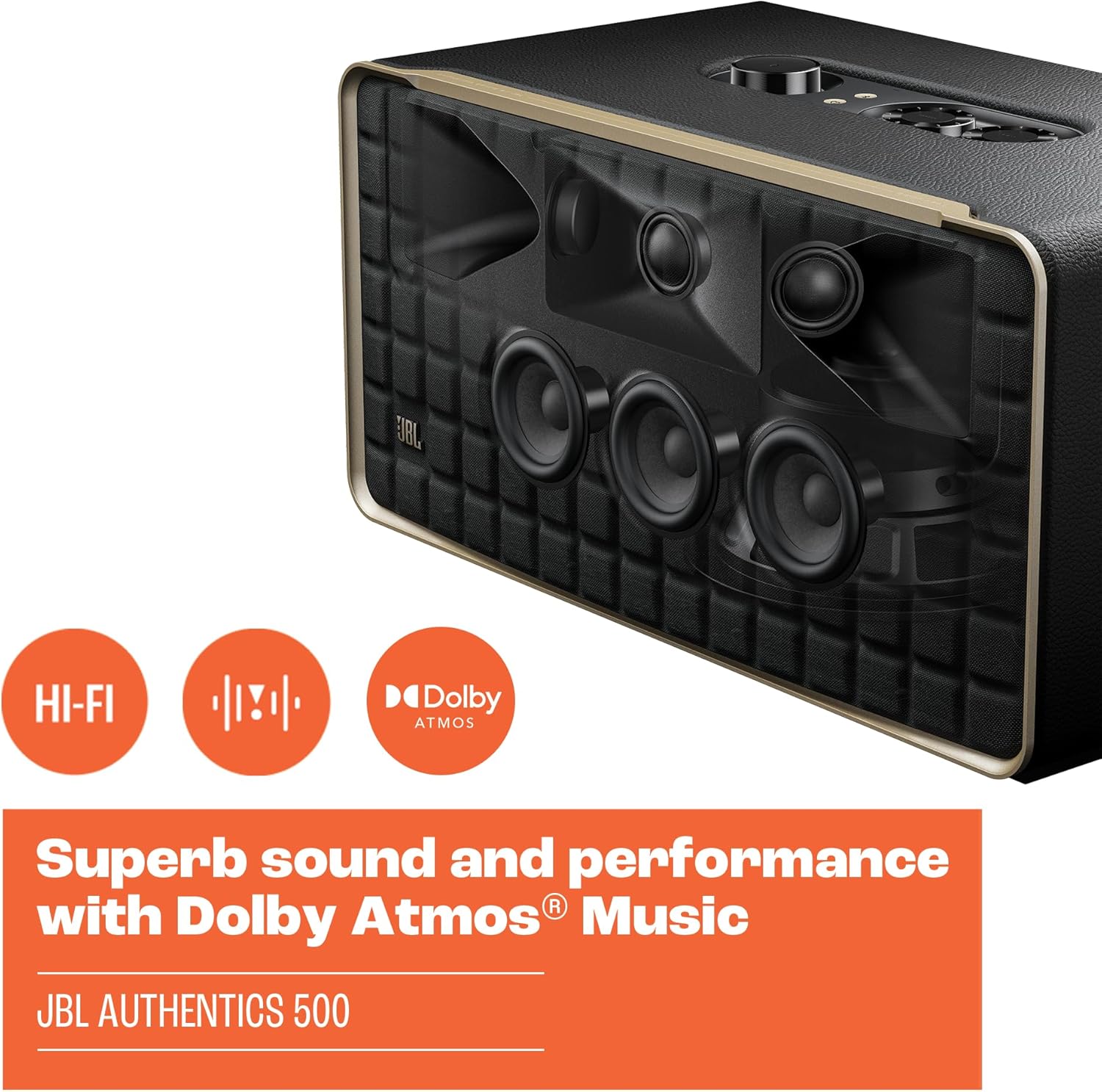 JBL Authentics 200 Smart Home Lautsprecher – 70er Jahre Retro-Design Bluetooth Box – Mit Quadrex Grill, Google Assistant, Alexa, AirPlay und JBL One App – Schwarz