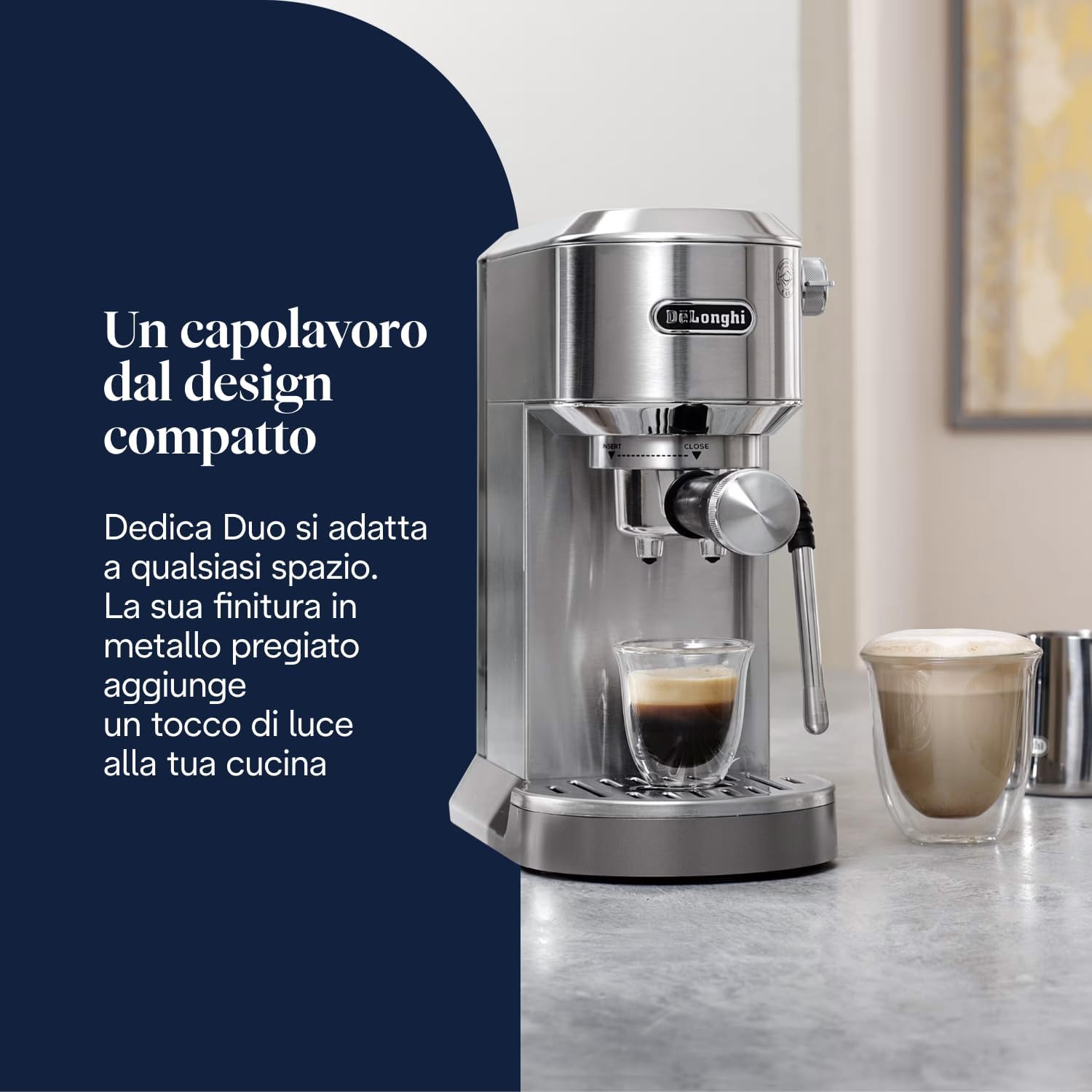 Dedica Duo EC890.M Macchina Manuale per Caffè Espresso, Cappuccino e Cold Brew, Barista, Dotata di Lancia vapore per My LatteArt, Display Touch,Larga 15cm, Serbatoio Estraibile 1,1L, Metallo