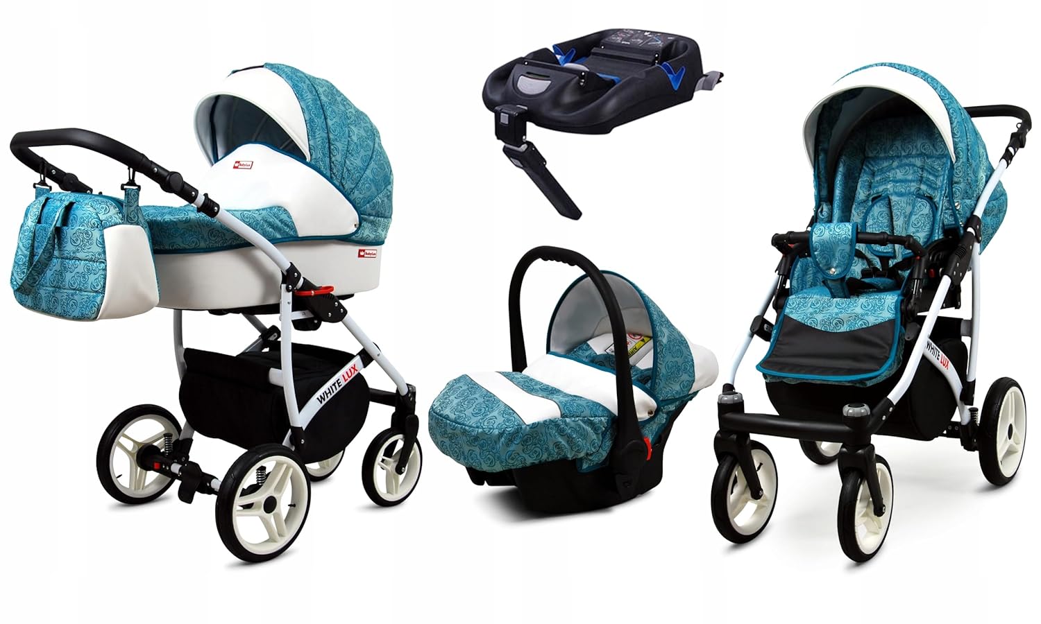 BabyLux® Bambimo Kinderwagen Set 3 in 1 - White Lux - incl. Babywanne, Buggy Sportsitz, Auto-Babyschale - Autositz - Kinderwagenset - Kombikinderwagen mit Wickeltasche, Regenschutz usw.
