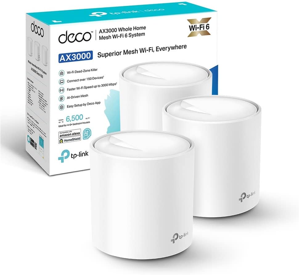 TP-Link Deco X50 Mesh WiFi 6 AX3000Mbps Dual Band, Copertura fino a 600m², Ottimale per Casa Grande, Connetti più di 150 Dispositivi, 3 Porte Gigabit, OFDMA, MU-MIMO, WPA3, HomeShield, 3pz