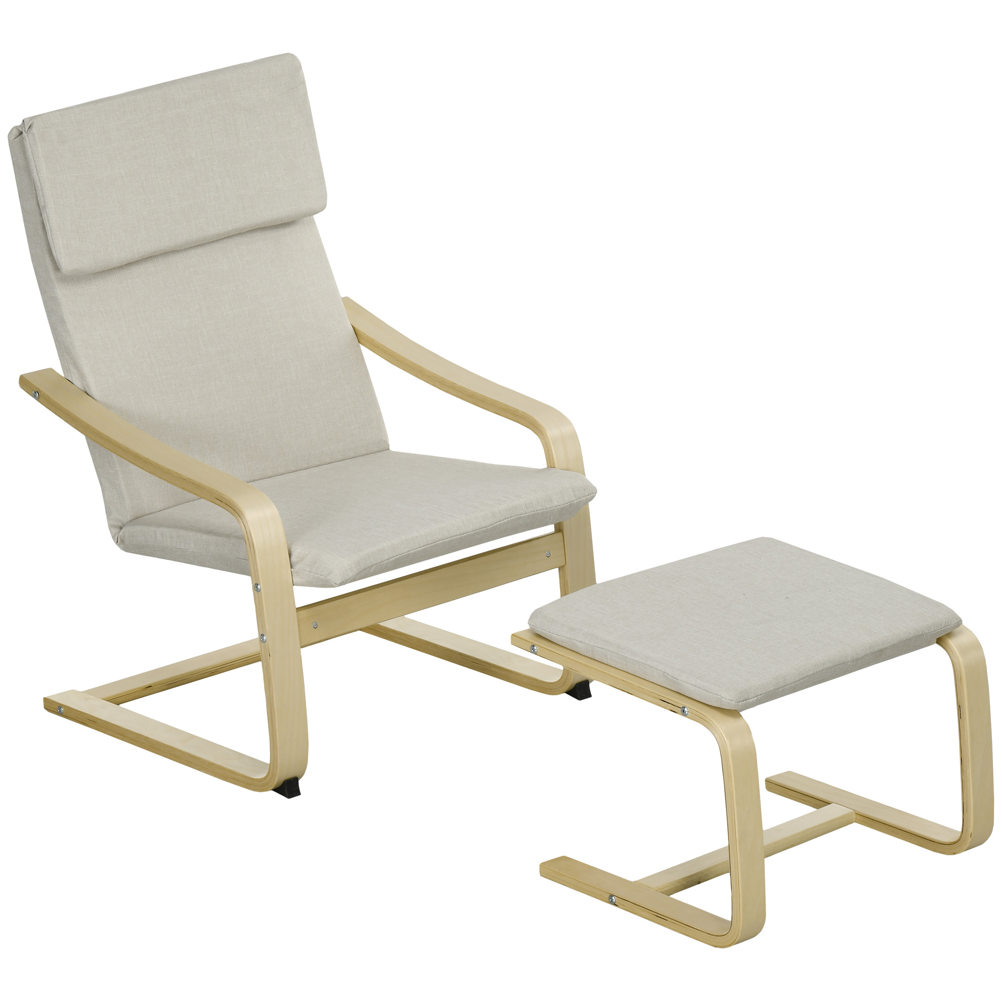 HOMCOM Loungesessel mit Hocker, Bezug in Leinenoptik, Holzrahmen, bis 120 kg, Cremeweiß/Natur