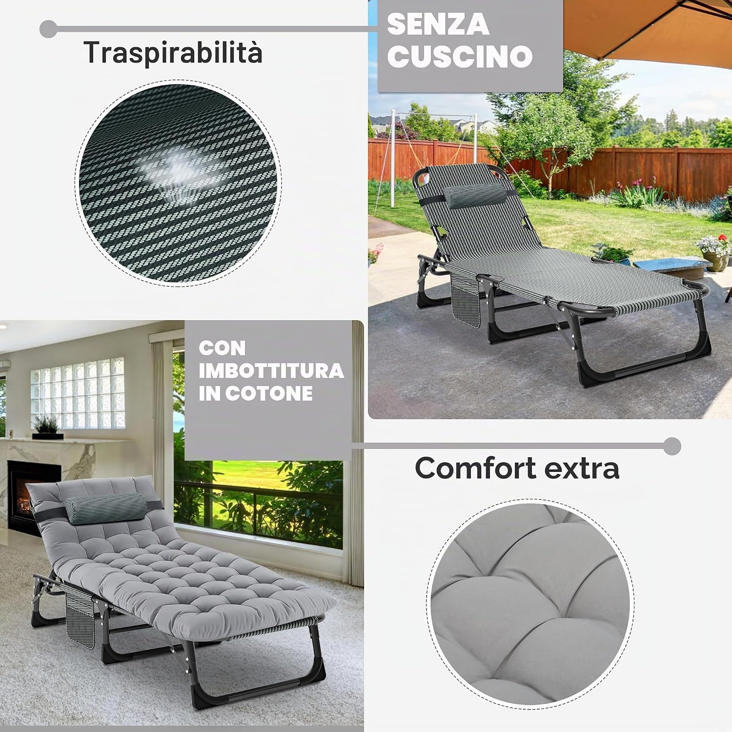 MOPHOTO Lettino prendisole pieghevole per giardino con materasso, schienale e gambe regolabili, portatile, per interni ed esterni, sedia a sdraio pieghevole per abbronzatura al sole, perfetta per