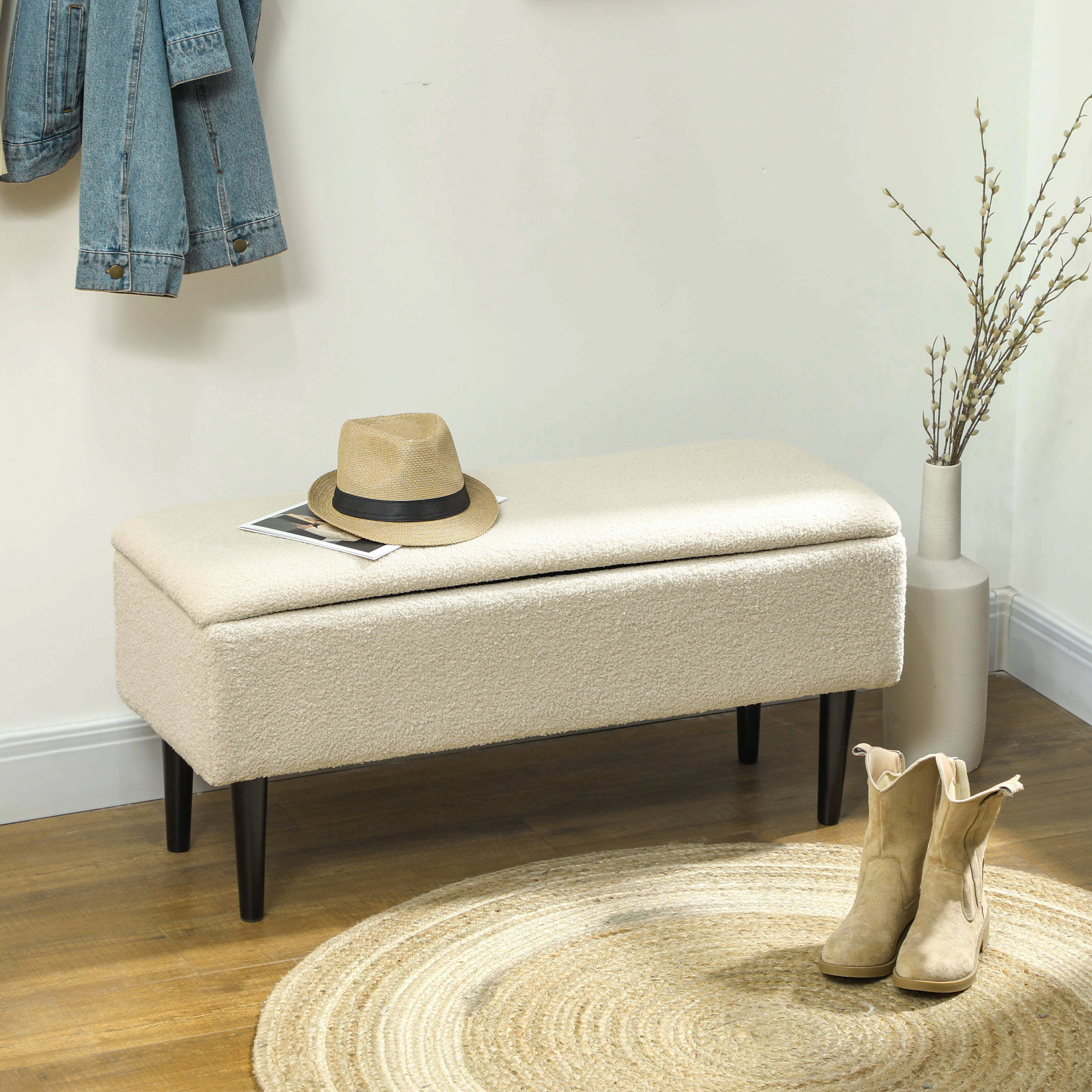 HOMCOM Sitzbank im Vintagedesign, Schuhbank, versteckter Stauraum, Kaschmir-Optik, Beige + Schwarz