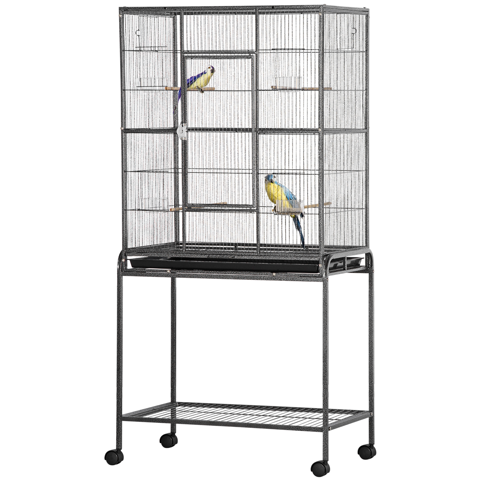 PawHut Vogelkäfig Portable mit 4 Futternäpfen und 4 Holzstangen Praktisch 77 x 47 x 163 cm Schwarz und Grau