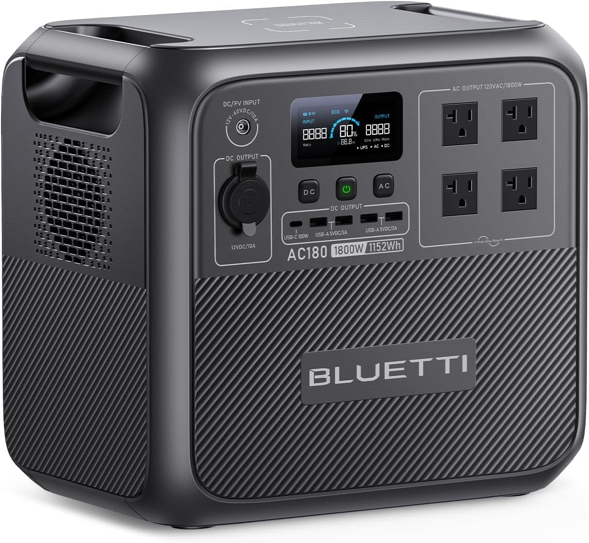 BLUETTI Portable Power Station AC180  1152Wh LiFePO4 Battery Backup w/ 2 1800W (2700W peak) AC Outlets  0-80% in 45Min  Solar Generator for Camping  Off-grid  Power Outage