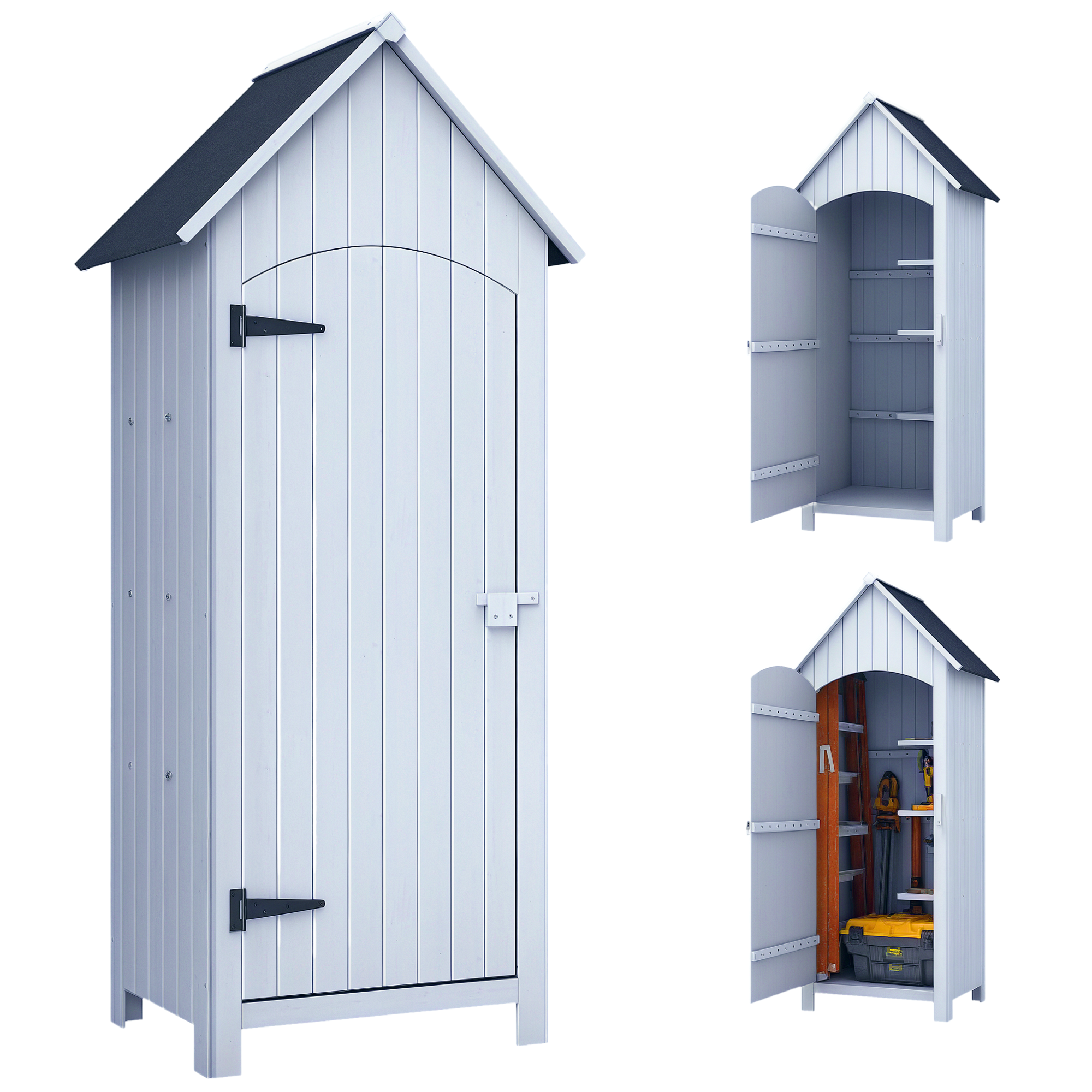 Outsunny Gartenschrank Holz  Gerätehaus Gartenhaus Geräteschuppen Geräteschrank Holzhütte Giebeldach Bitumenpappe Weiß 77,5 x 54,2 x 179,5 cm