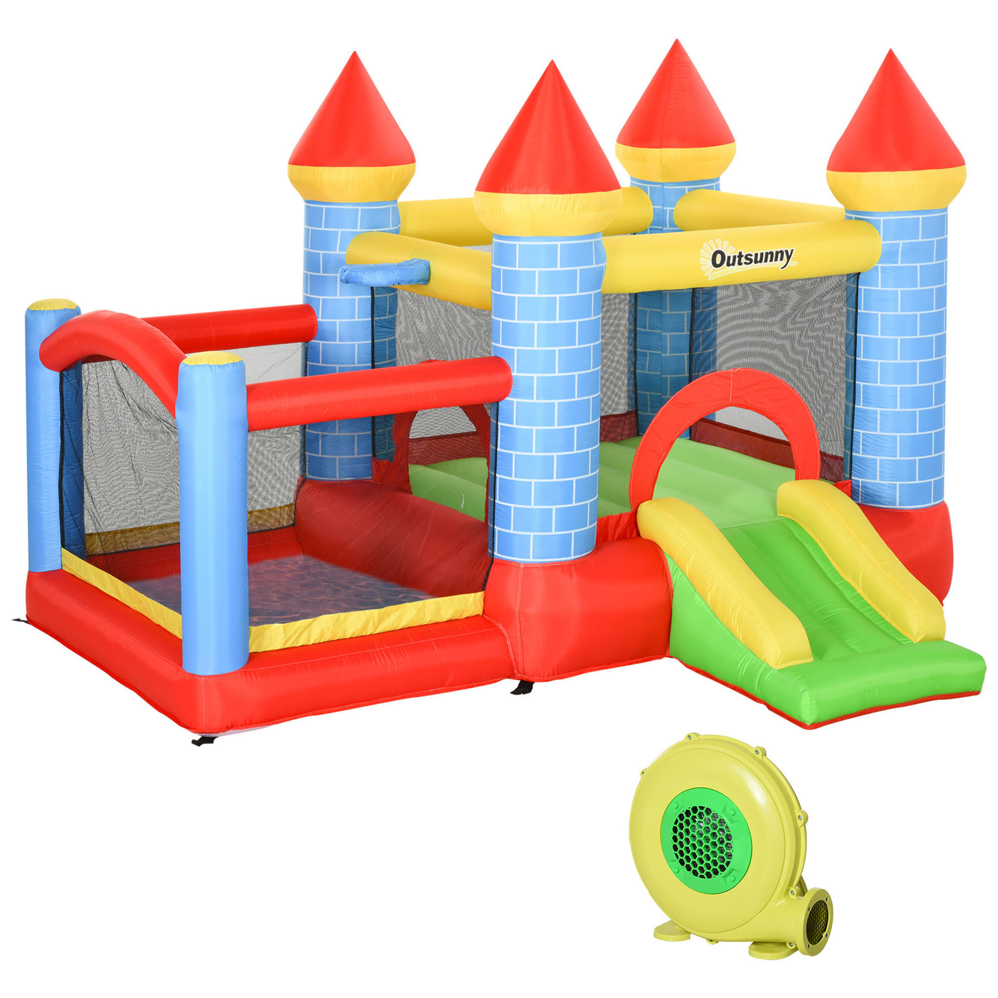 Outsunny opblaasbaar springkasteel met glijbaan voor 3 kinderen springkasteel met blazer speelkasteel, rood, blauw, groen 280 x 260 x 210 cm