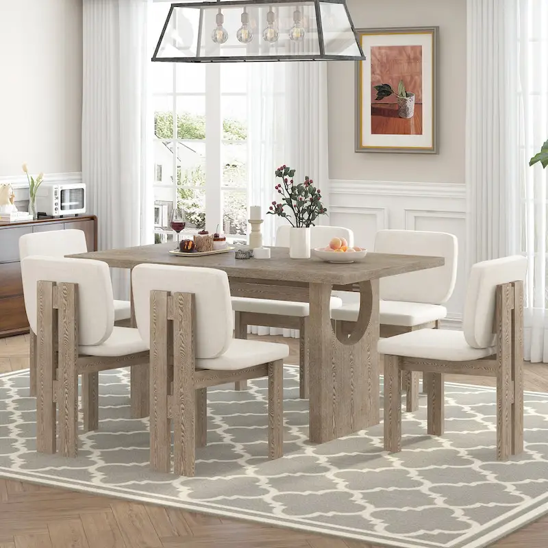 7 Piece Dining Table Set, Solid Wood Kitchen Table Set with Rectangular Table, Designed Trestle Base and 6 Upholstered Chairs
