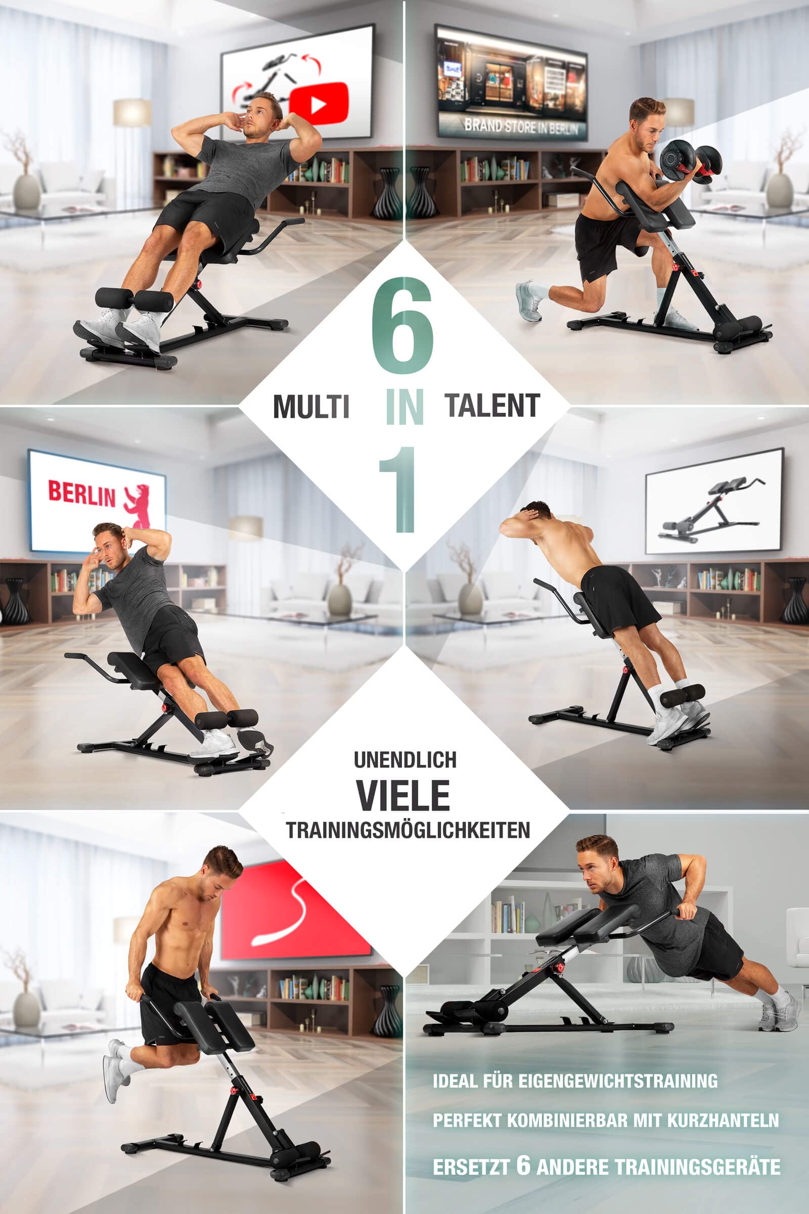 Sportstech Hyperextension Rückentrainer für Zuhause klappbar BRT150 verstellbar für Bauch und Rücken