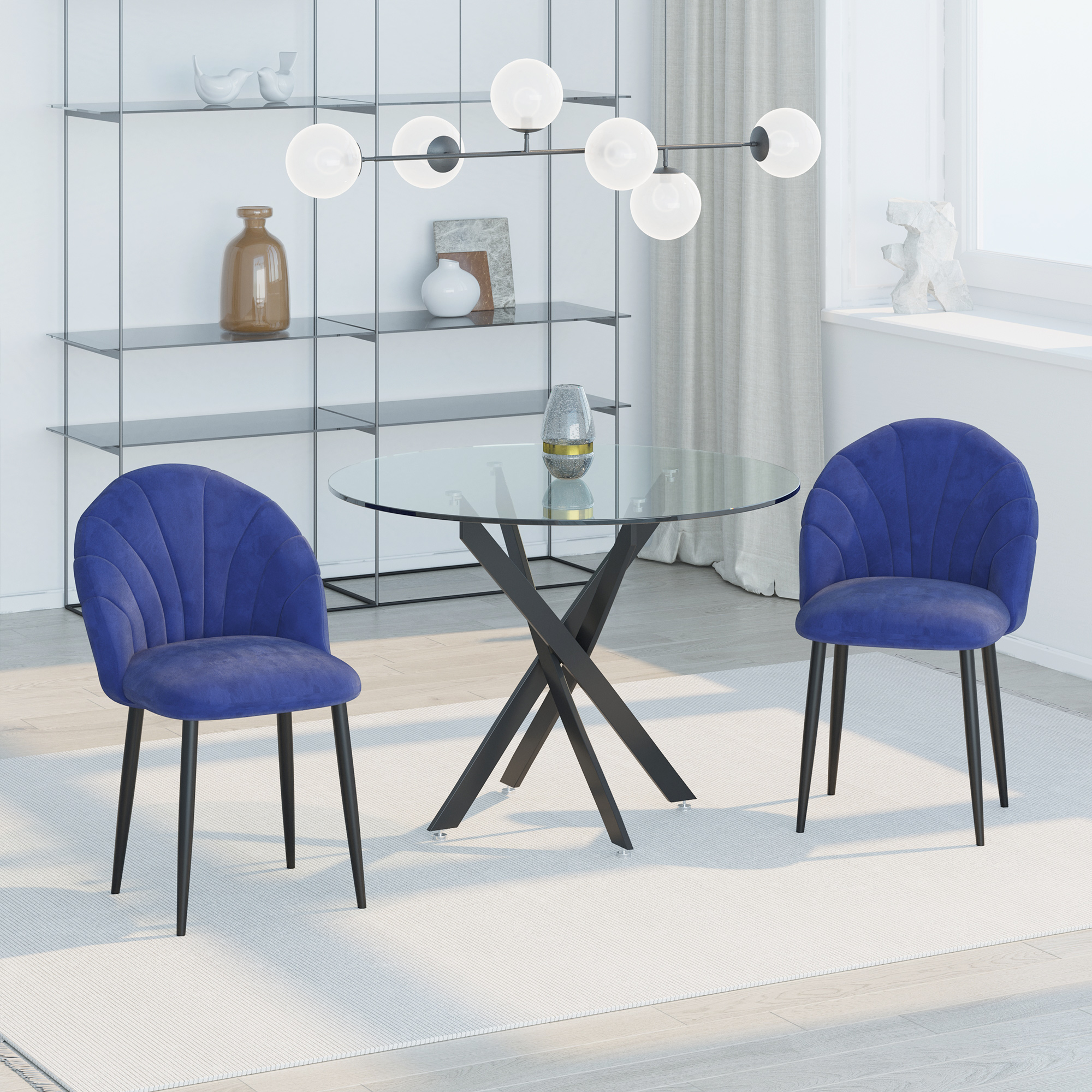 HOMCOM Set mit 2 Samtstühlen Blau Schwarz Metallbeine 52B x 54T x 79H cm