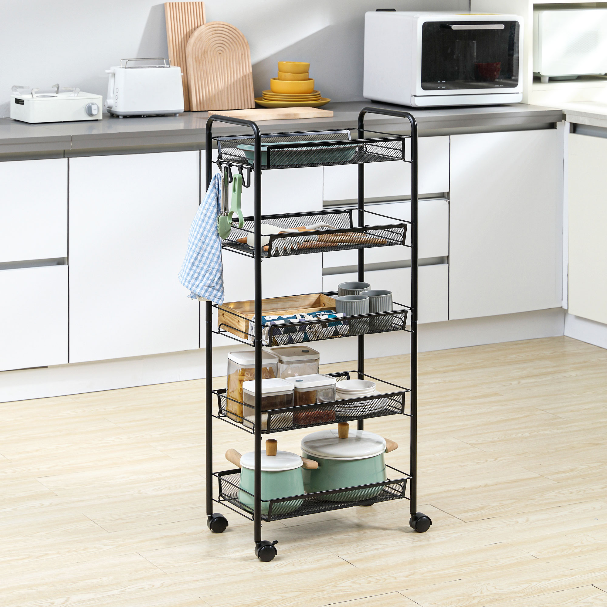 HOMCOM Küchenwagen mit 5 Drahtkörben, 4 Haken, 4 Rollen, 2 Griffe, Stahl/Kunststoff, 45x26,5x106 cm, Weiß