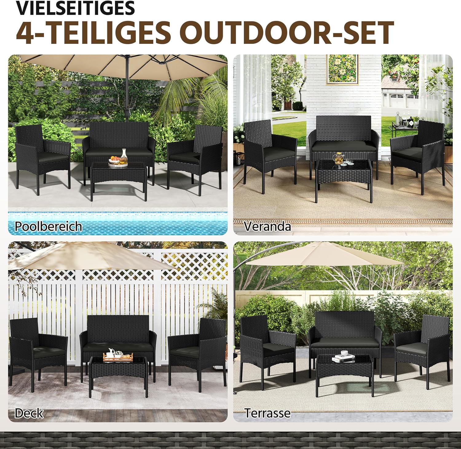 Yaheetech 4-er Gartenmöbel Set Balkonmöbel Set aus Polyrattan Terassenmöbel Außen mit 2er Sofa, 2 Stühle, Tisch & Sitzkissen für Terrasse/Balkon/Garten, Schwarz & Grau