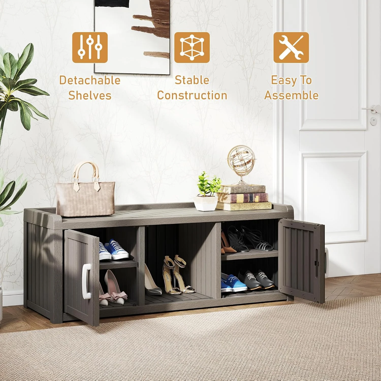 KAMABOKO Outdoor Shoe Storage Cabinet, Waterproof UV-Resistant Entryway Storage Bench Indoor Outdoor with 2 Barn Doors, Adjustable Shelves for Entryway, Bedroom, Hallway,Living Room(Black)