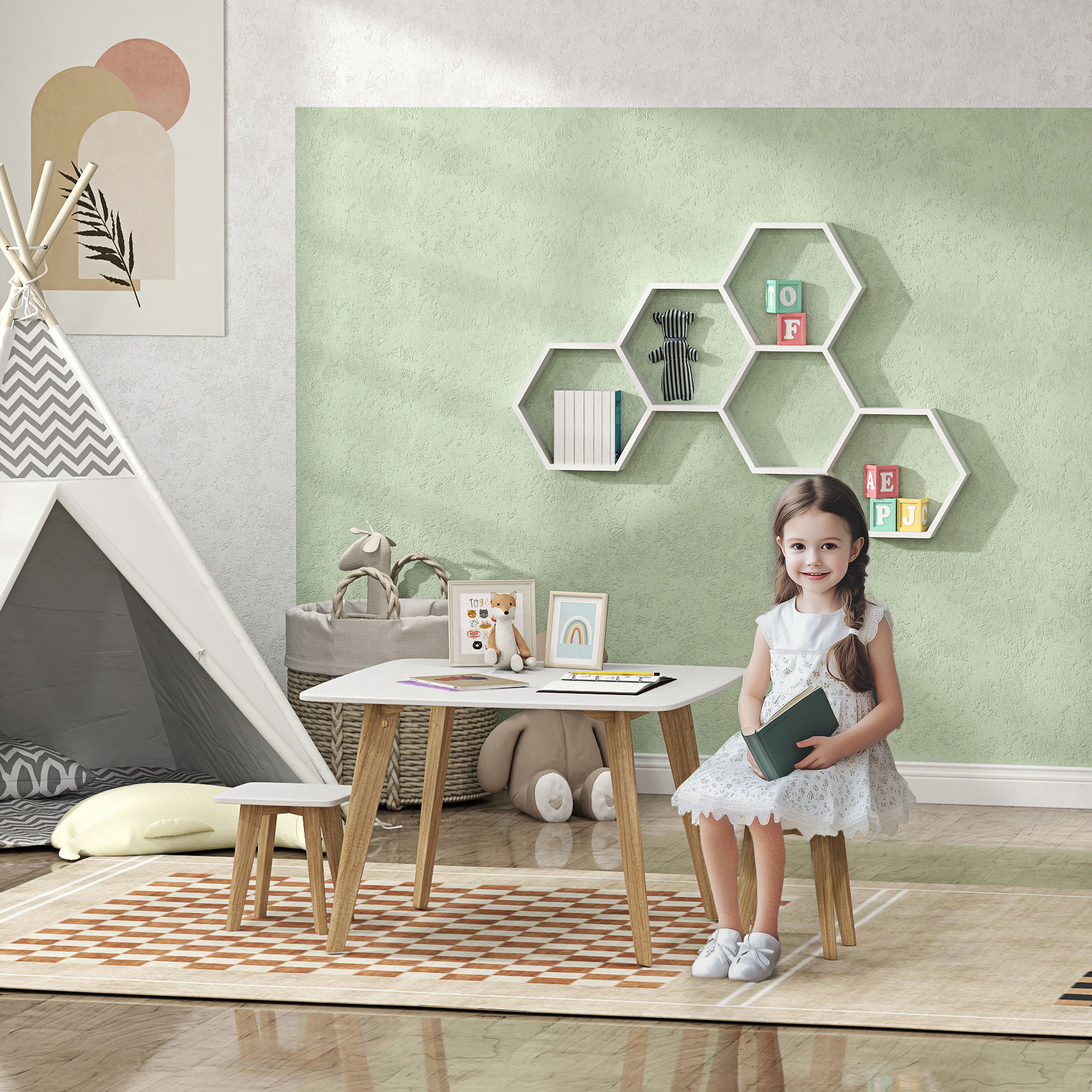 AIYAPLAY Kinder-Tisch und 2 Stühle Set, vielseitige Möbel für Schlafzimmer, Spielzimmer, 3-8 Jahre