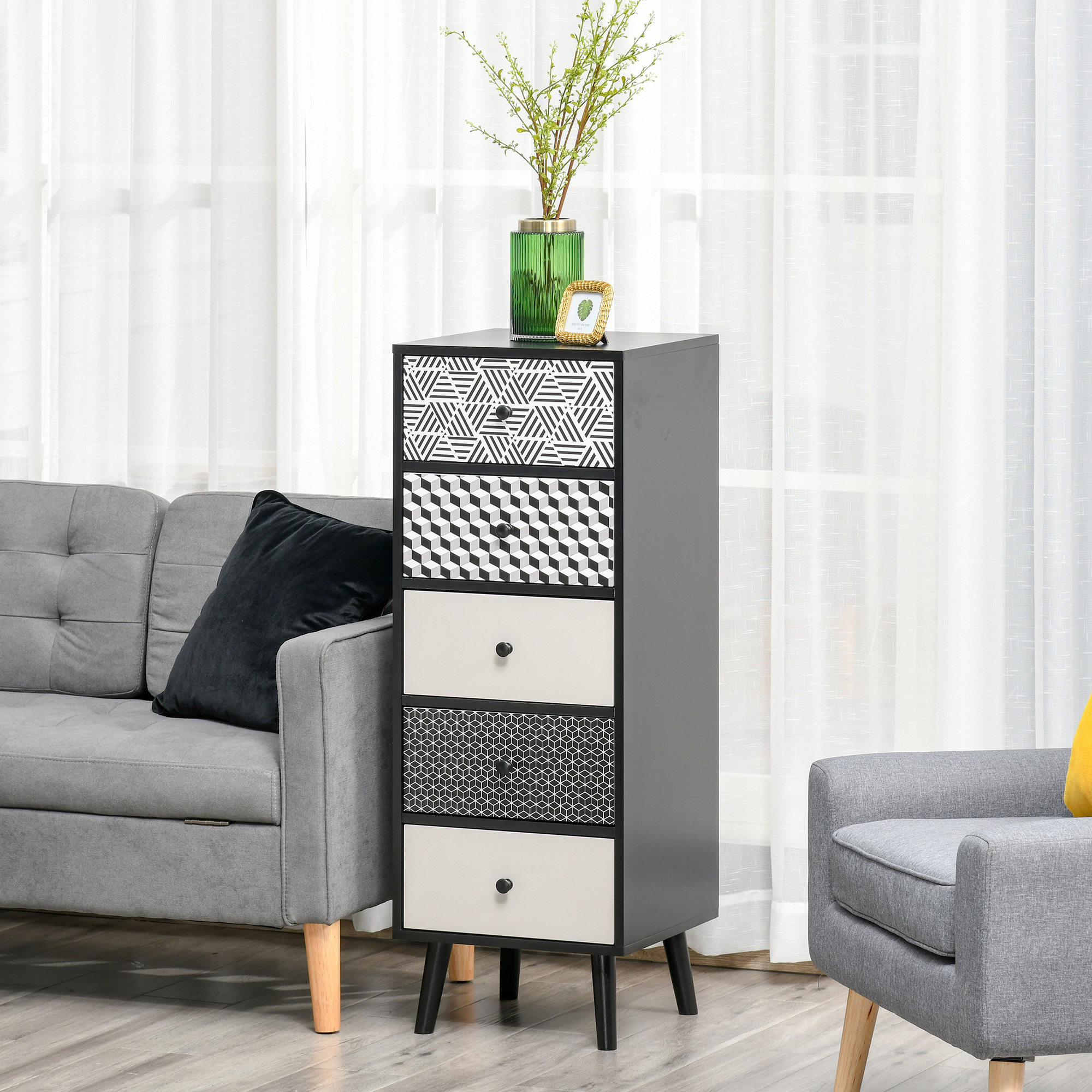 HOMCOM Mobile Schubladenkommode 5 Schubladen mit geometrischem Muster, modernes Möbel für Schlafzimmer und Eingangsbereich, 40x40x111,5 cm Schwarz Grau