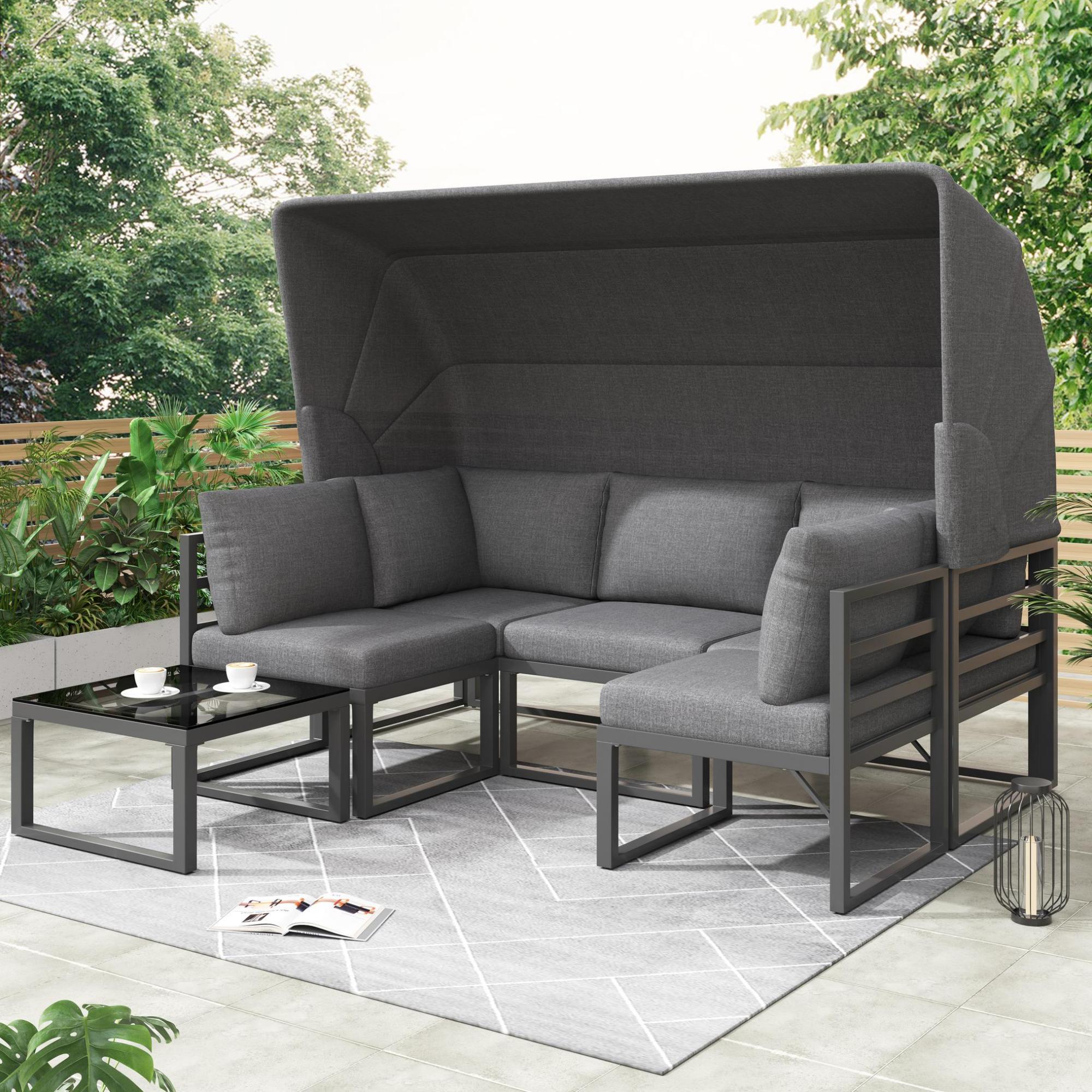 4-teiliges Gartenmöbel-Set, Dreisitzer-Sofa mit Markise, 2 Einzelsesseln und Couchtisch, Grau