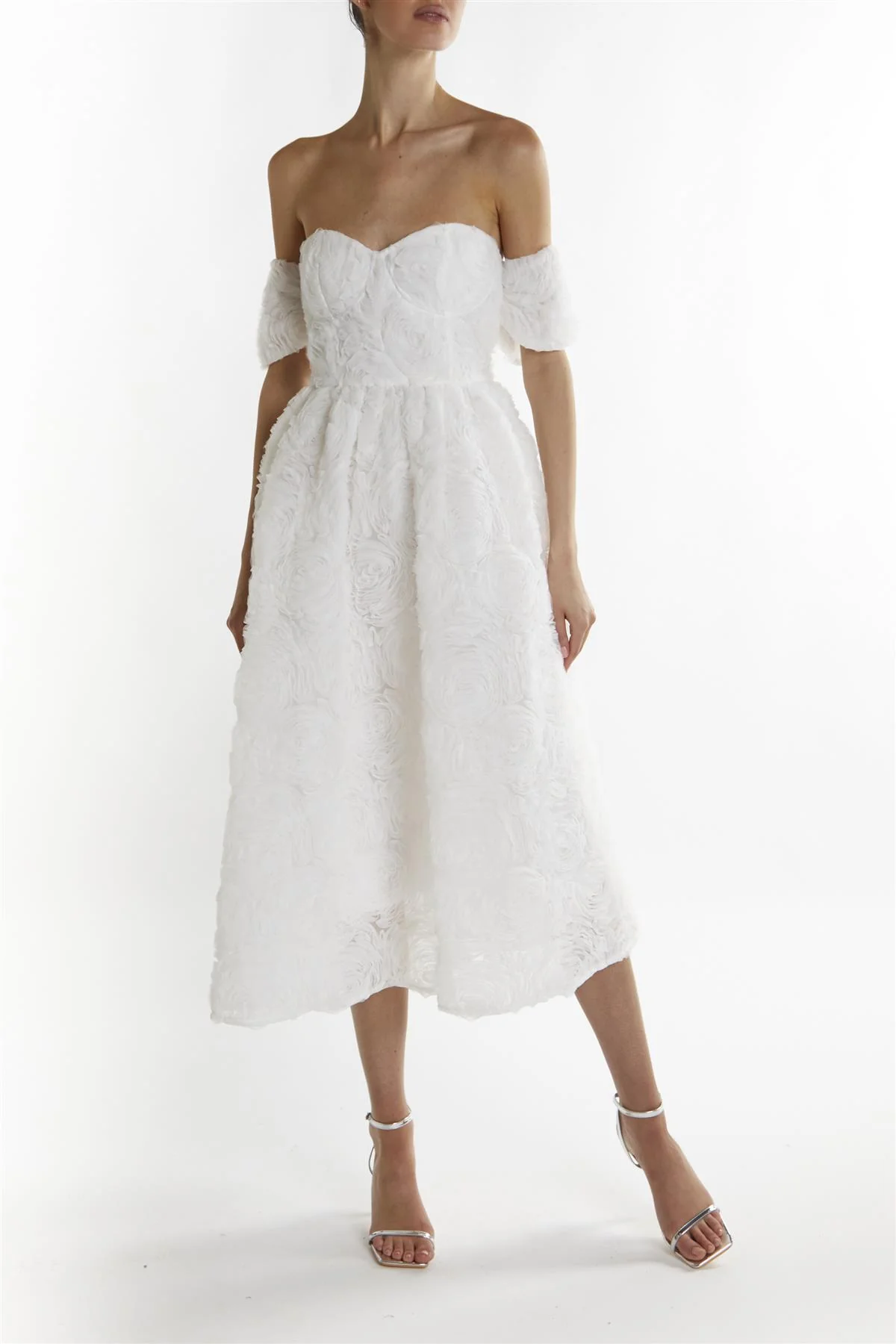 White Applique-Mesh Amelia Bardot Bust Cup Midi Dress