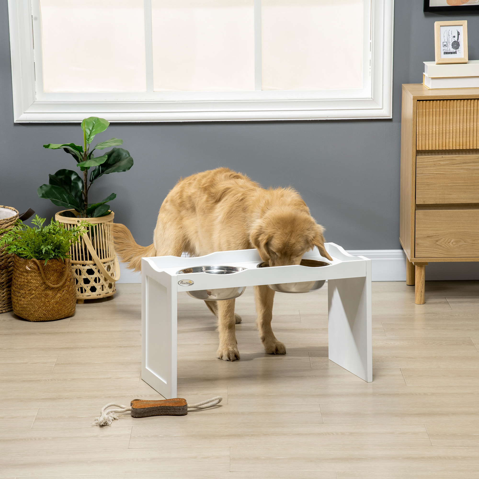 PawHut Futterstation, Napfständer, 2 Fressnäpfe je 2 Liter, Edelstahl, für große Hunde, weiß, 63 x 30 x 24cm