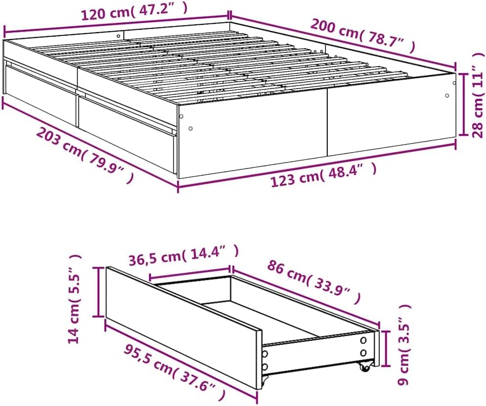 vidaXL Bettgestell, Bett mit Schubladen für Schlafzimmer, Bettrahmen mit Lattenrost, Schlafzimmerbett Doppelbett, Weiß 120x200cm Holzwerkstoff