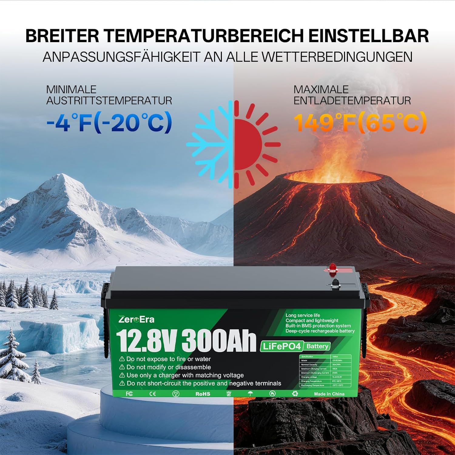 LiFePO4 Batterie 12V 300Ah,3840Wh Lithium Battery mit Temperaturschutz von 200A BMS,15000+ Deep Cycle, Unterstützt Serien/Parallelschaltung für Haushaltsspeicher,Wohnmobil