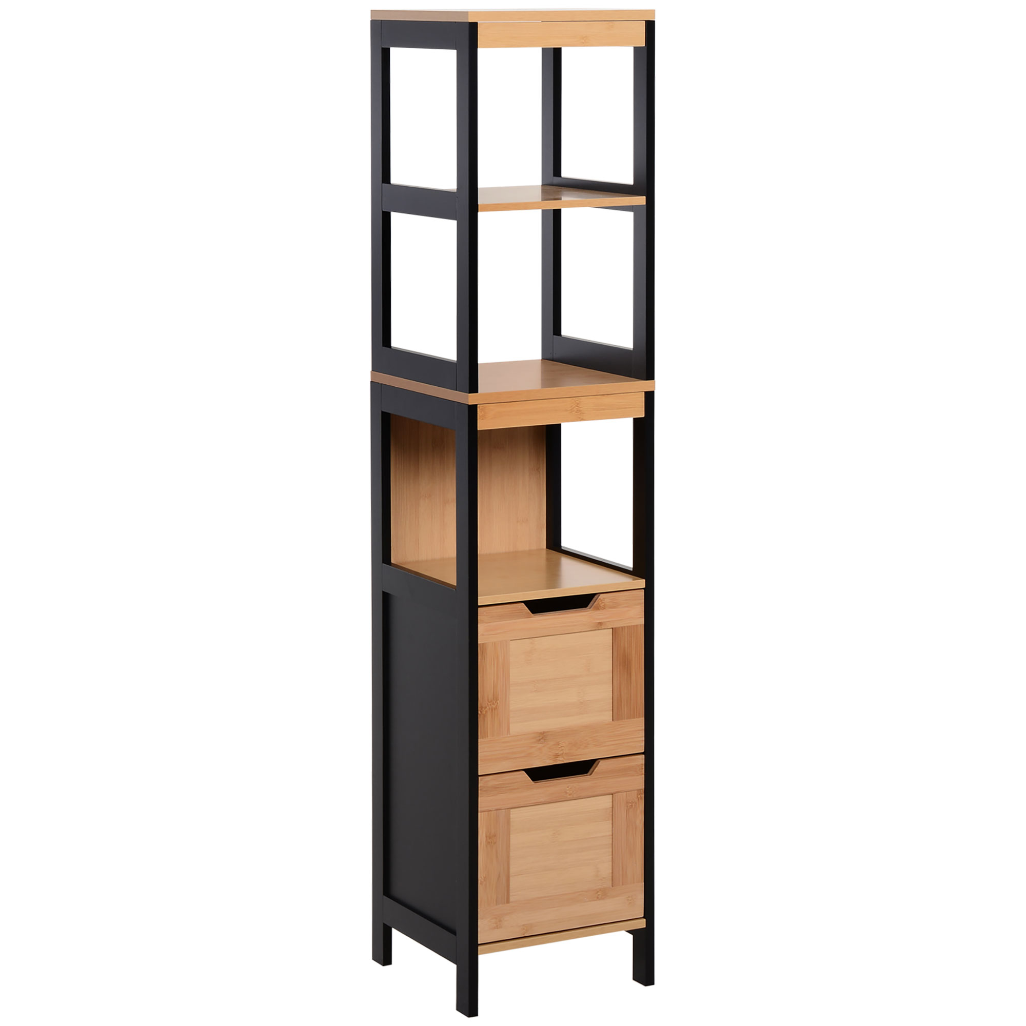 kleankin Badezimmerregal, Badeschrank, Küchenschrank, 2 Schubladen, 3 Ablagen, Bambus MDF, 30 x 30 x 144,3 cm