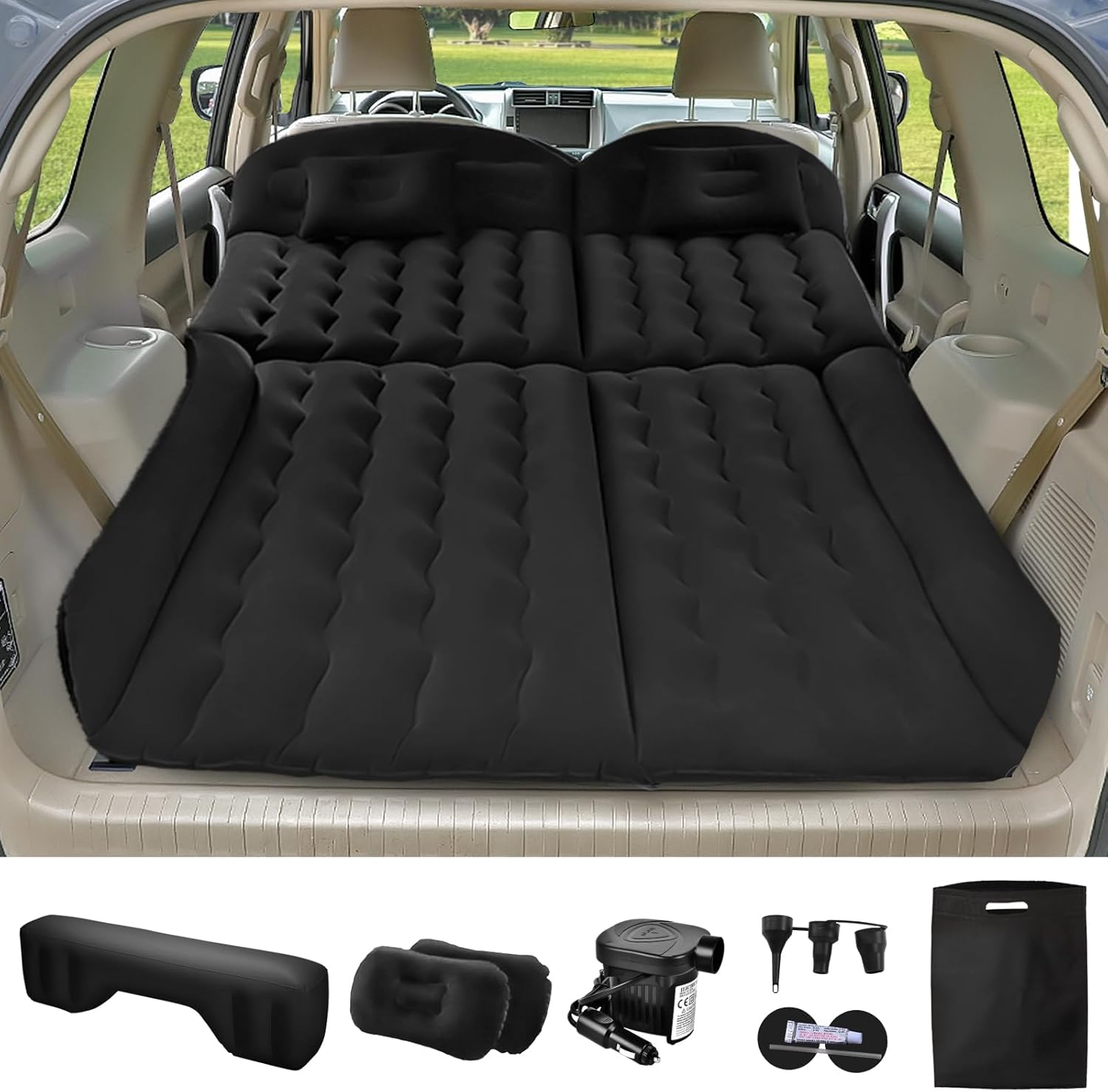 YOOHBERRYS Materasso Auto, 182 * 144cm Materasso ad Aria SUV con Pompa ad Aria e 2 Cuscini, Materassino ad Aria Gonfiabile per Auto Ispessito Floccato per Viaggi, Campeggio (182 * 144cm)