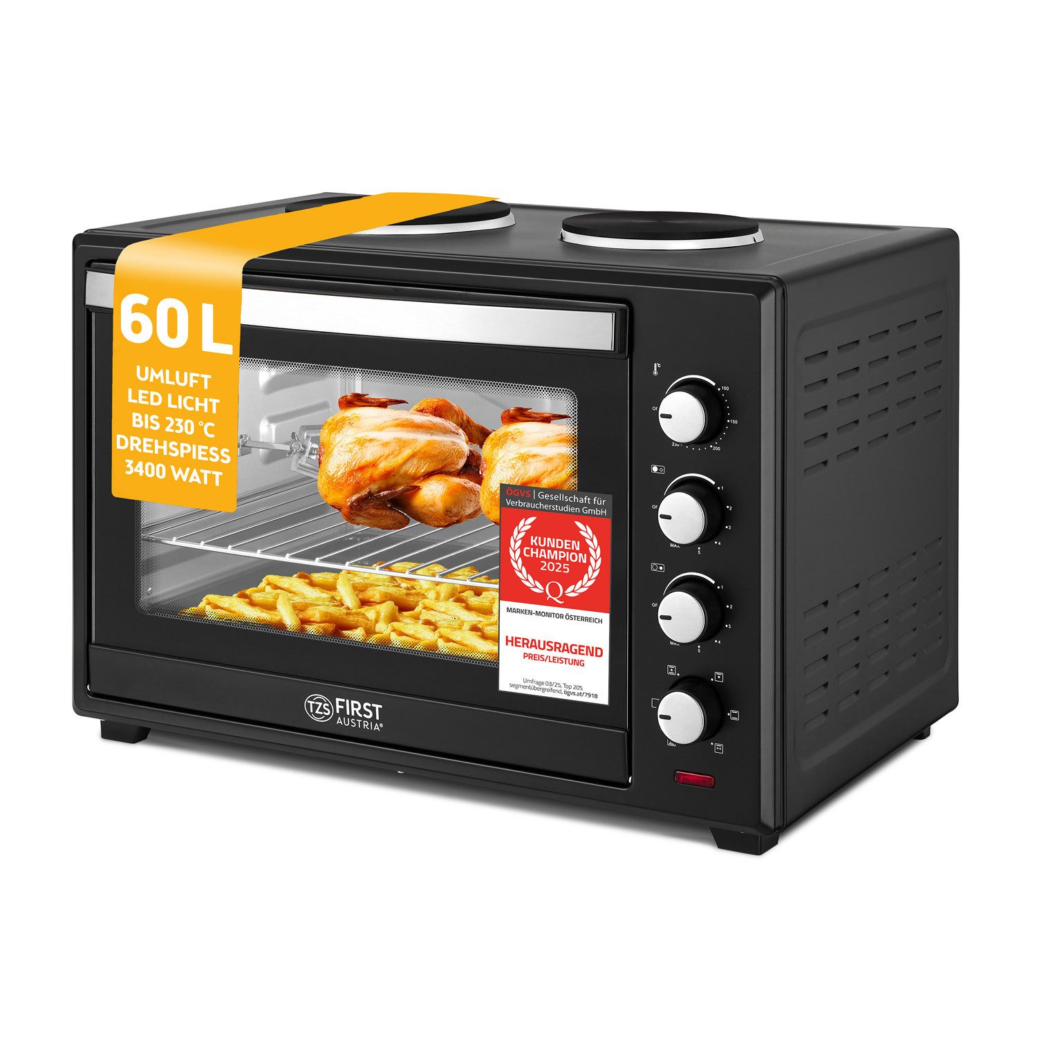 Minibackofen Pizzaofen mit Kochplatten, 60L, 3400W, Mini Backofen mit Umluft