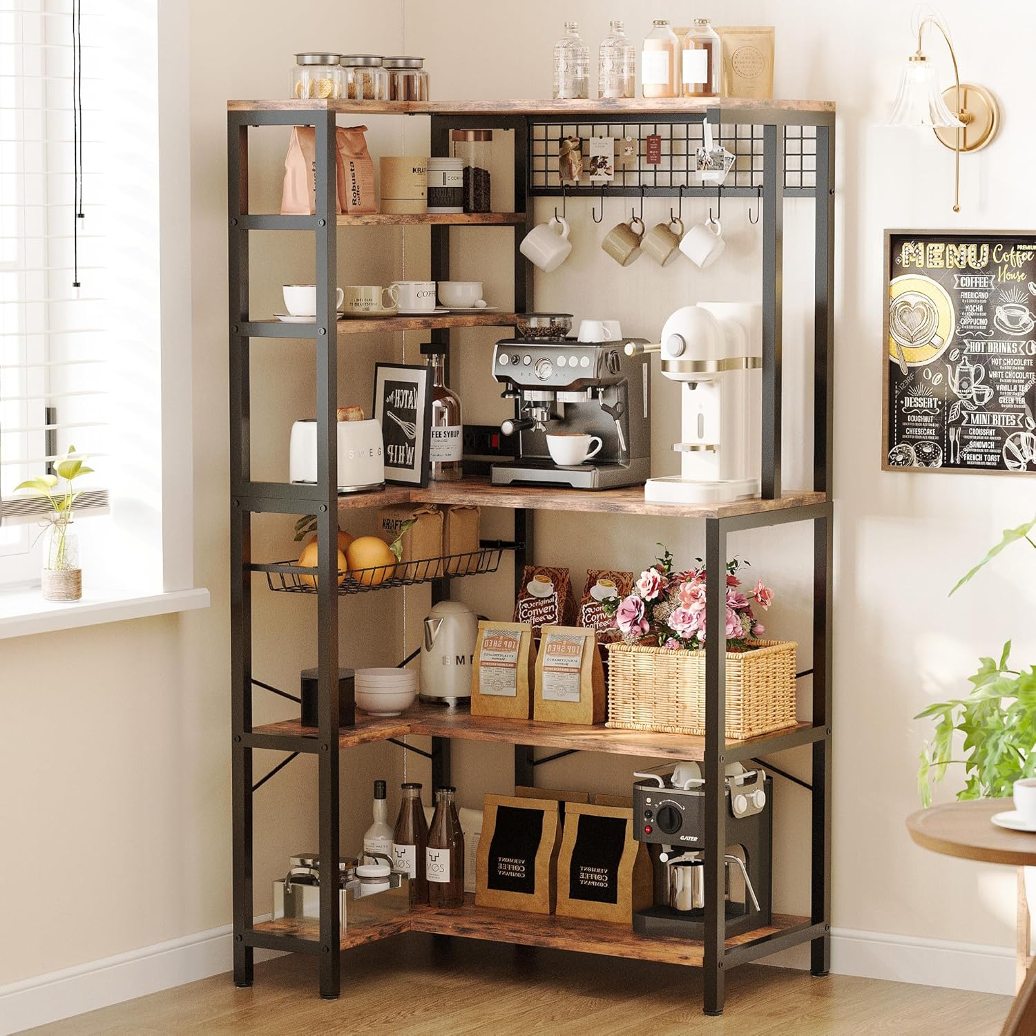 IRONCK Bakers Rack with Power Outlet, 5-Tier Corner Microwave Stand with Storage, Coffee Bar with 6 S-Shaped Hooks, Kitchen Shelves with Wire Basket
